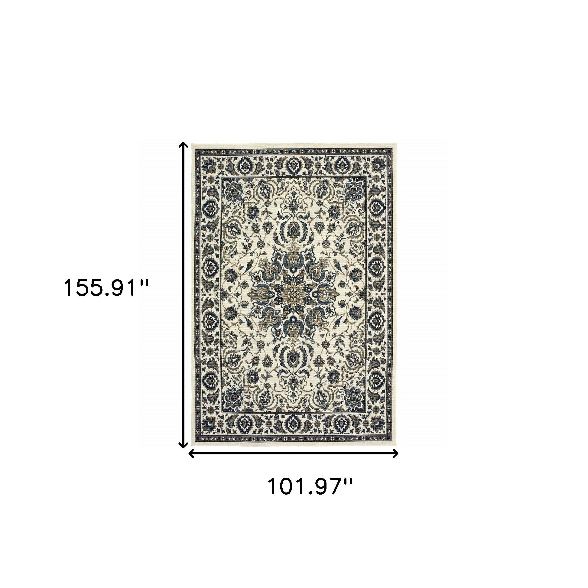 9' X 13' Ivory and Blue Oriental Stain Resistant Indoor Outdoor Area Rug