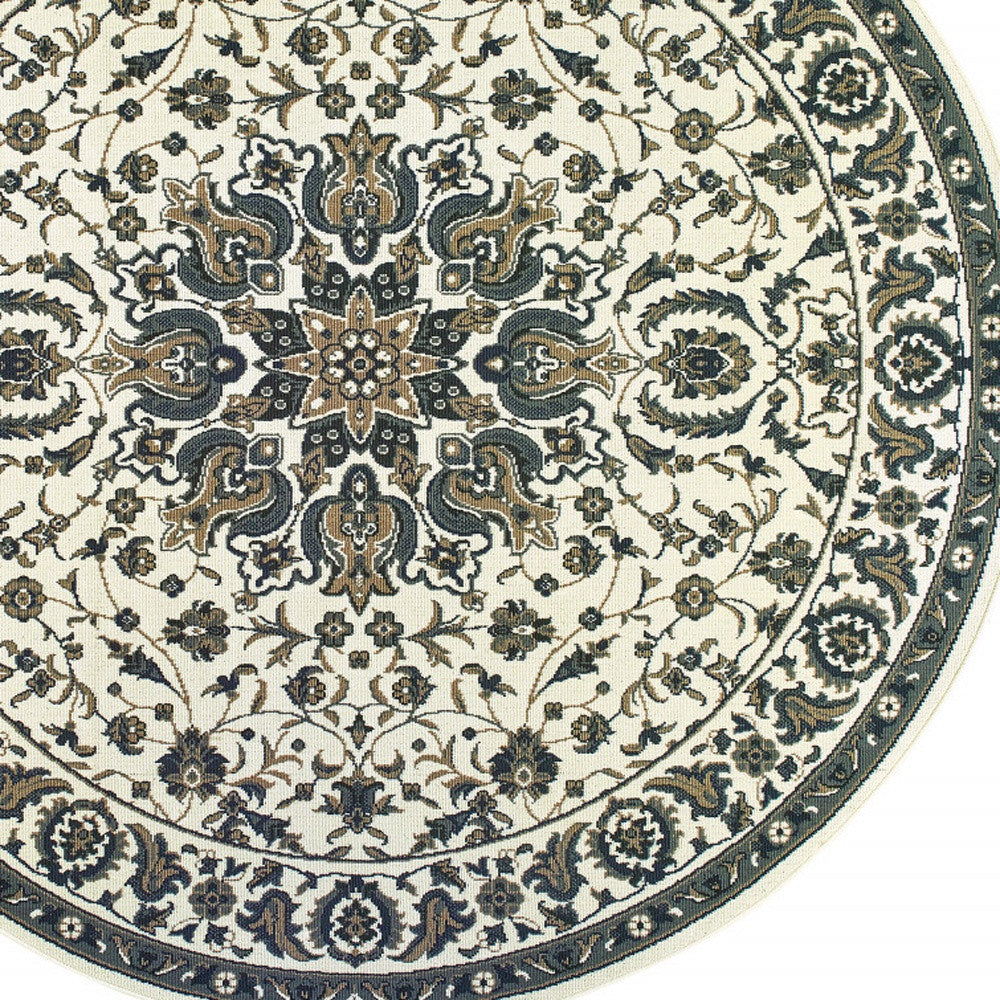 8' x 8' Ivory and Blue Round Oriental Stain Resistant Indoor Outdoor Area Rug