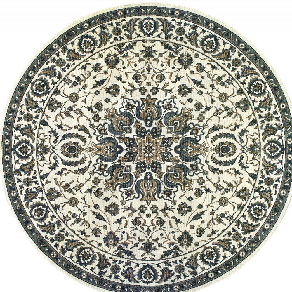 8' x 8' Ivory and Blue Round Oriental Stain Resistant Indoor Outdoor Area Rug