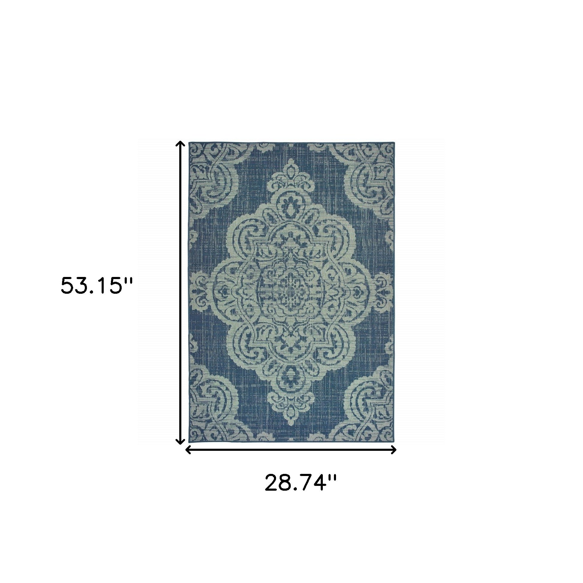 2' X 4' Blue Oriental Stain Resistant Indoor Outdoor Area Rug