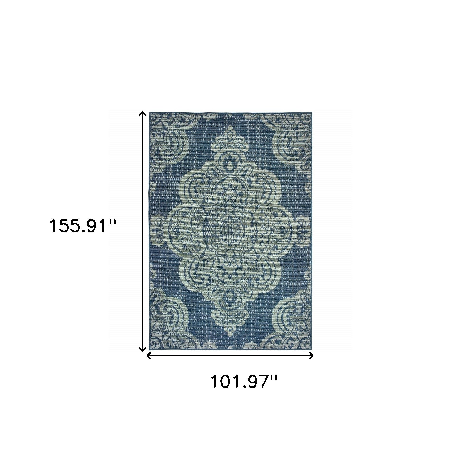 9' X 13' Blue Oriental Stain Resistant Indoor Outdoor Area Rug