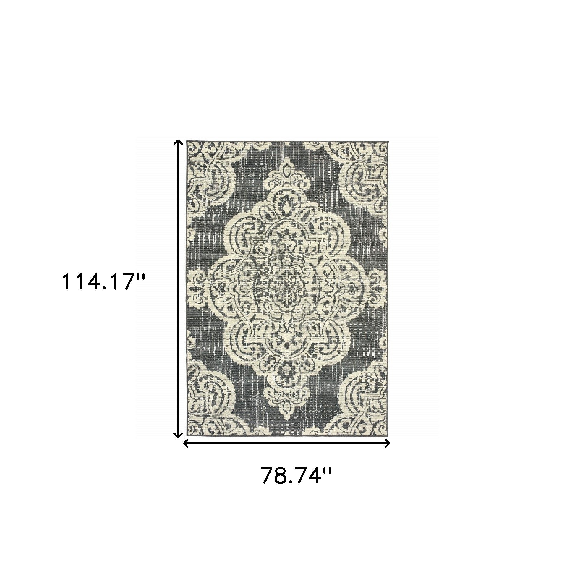 7' x 10' Gray and Ivory Oriental Stain Resistant Indoor Outdoor Area Rug