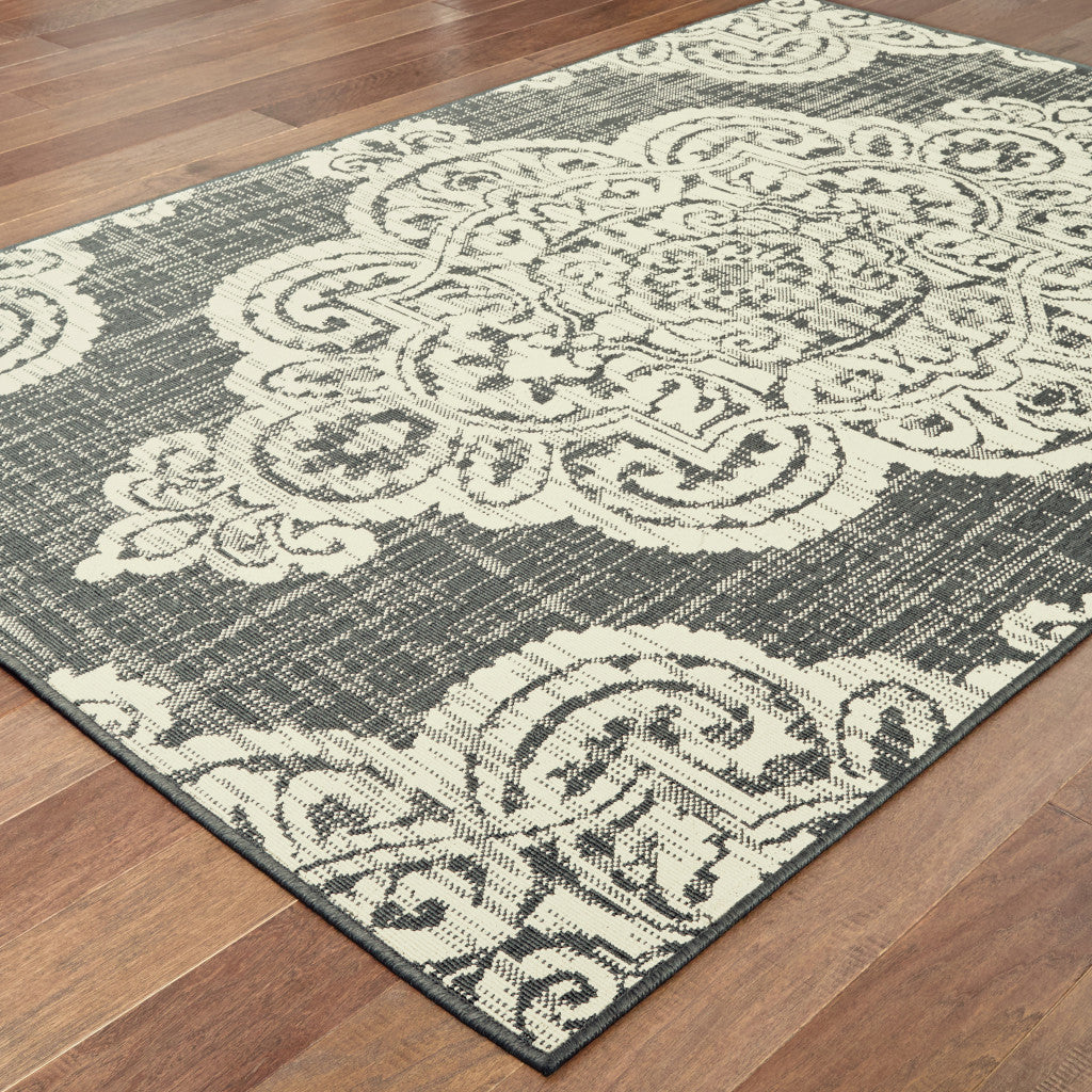 8' x 11' Gray and Ivory Oriental Stain Resistant Indoor Outdoor Area Rug