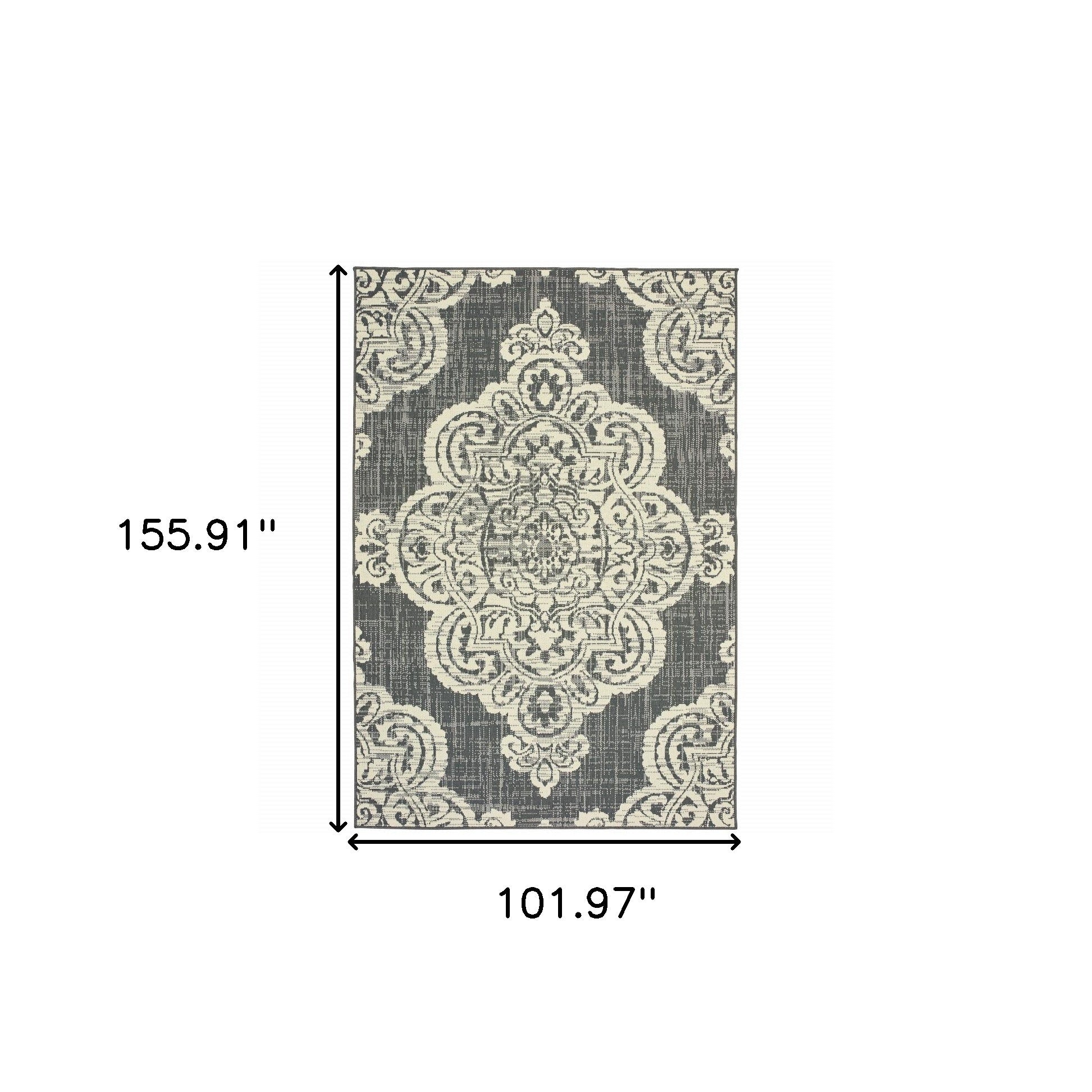 9' X 13' Gray and Ivory Oriental Stain Resistant Indoor Outdoor Area Rug