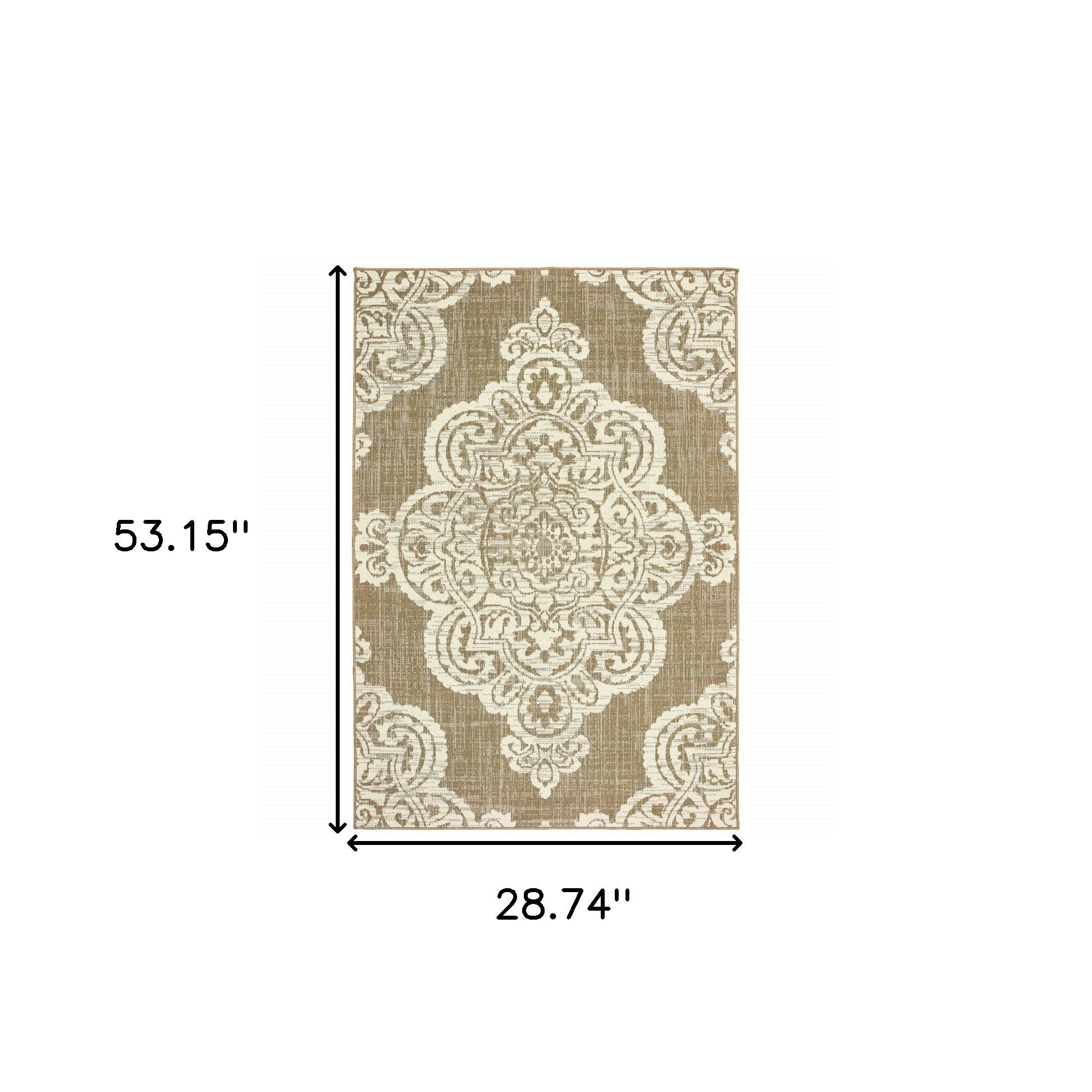 2' X 4' Tan Oriental Stain Resistant Indoor Outdoor Area Rug