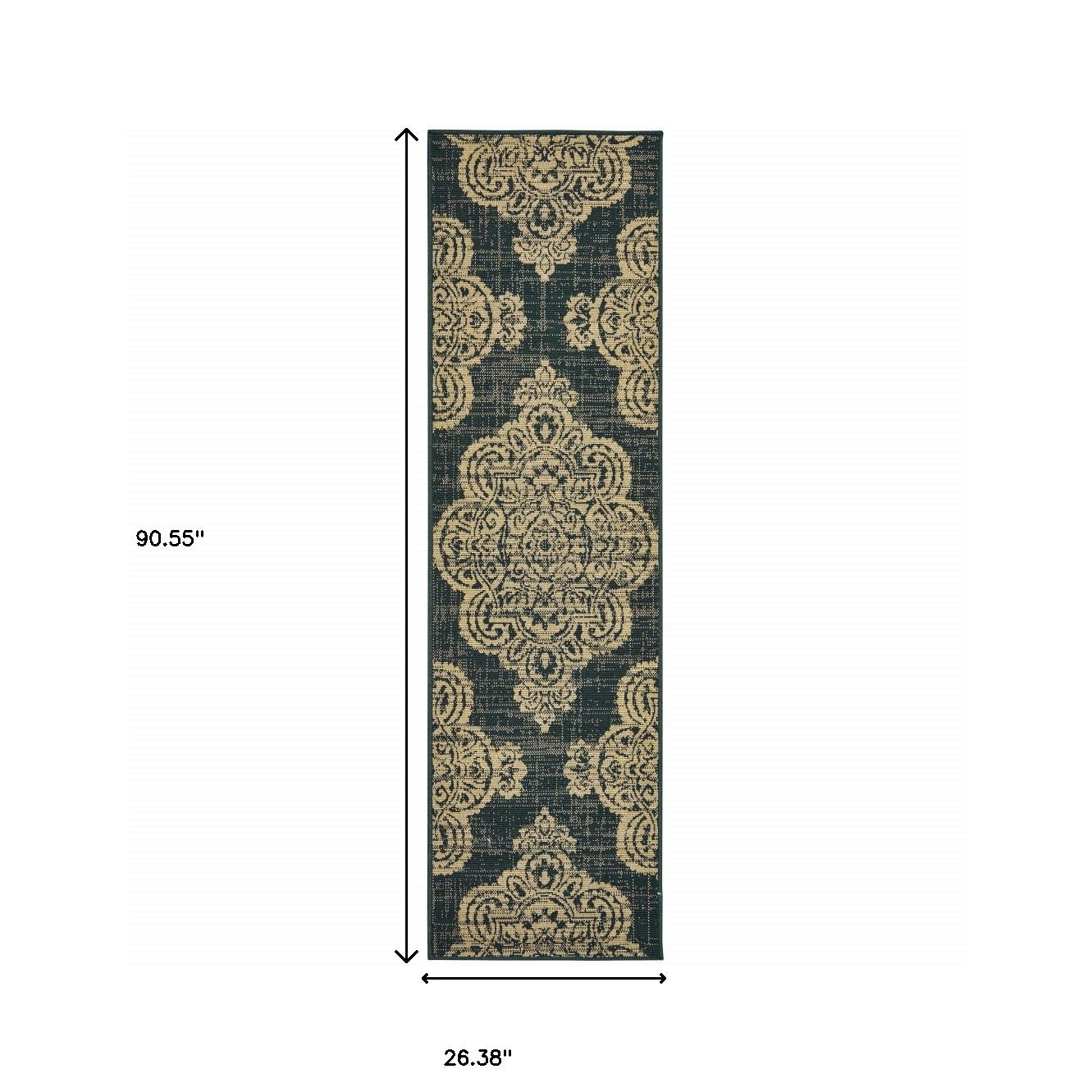 2' X 8' Black and Tan Oriental Stain Resistant Indoor Outdoor Area Rug