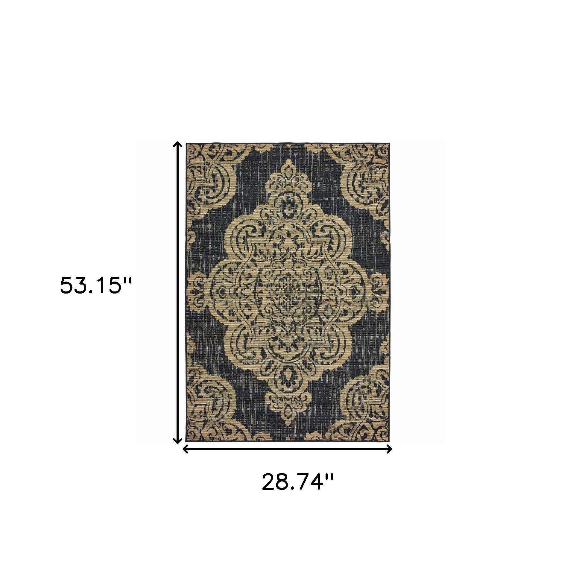 2' X 4' Black and Tan Oriental Stain Resistant Indoor Outdoor Area Rug