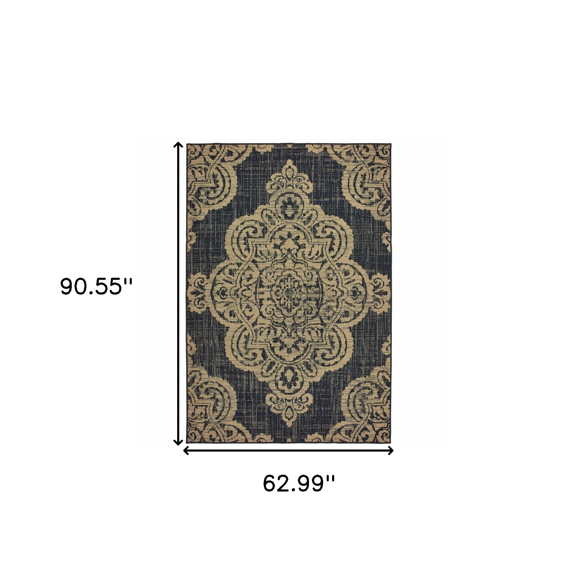 5' x 8' Black and Tan Oriental Stain Resistant Indoor Outdoor Area Rug