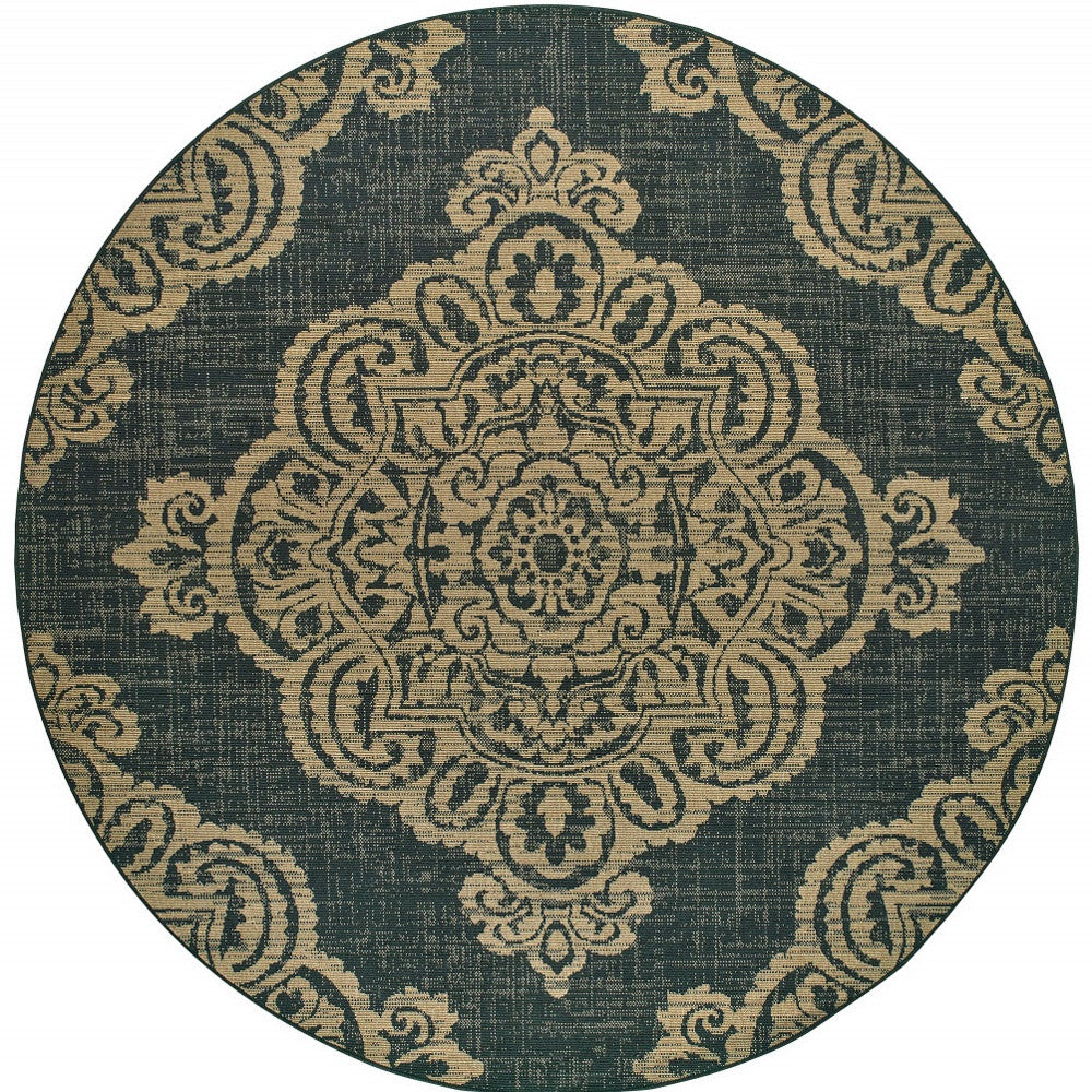 8' x 8' Black and Tan Round Oriental Stain Resistant Indoor Outdoor Area Rug