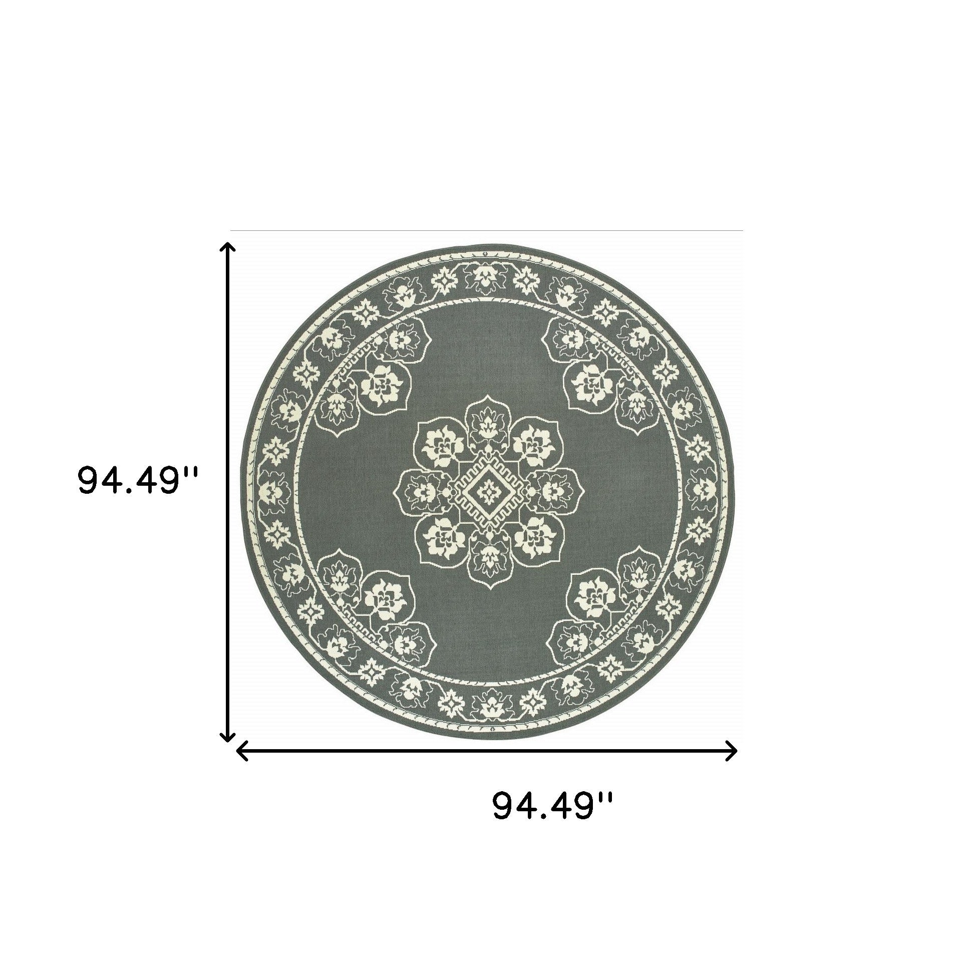 8' x 8' Gray and Ivory Round Oriental Stain Resistant Indoor Outdoor Area Rug