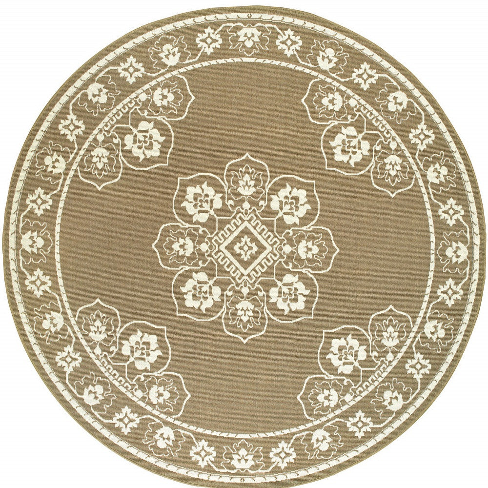 8' x 8' Tan Round Oriental Stain Resistant Indoor Outdoor Area Rug