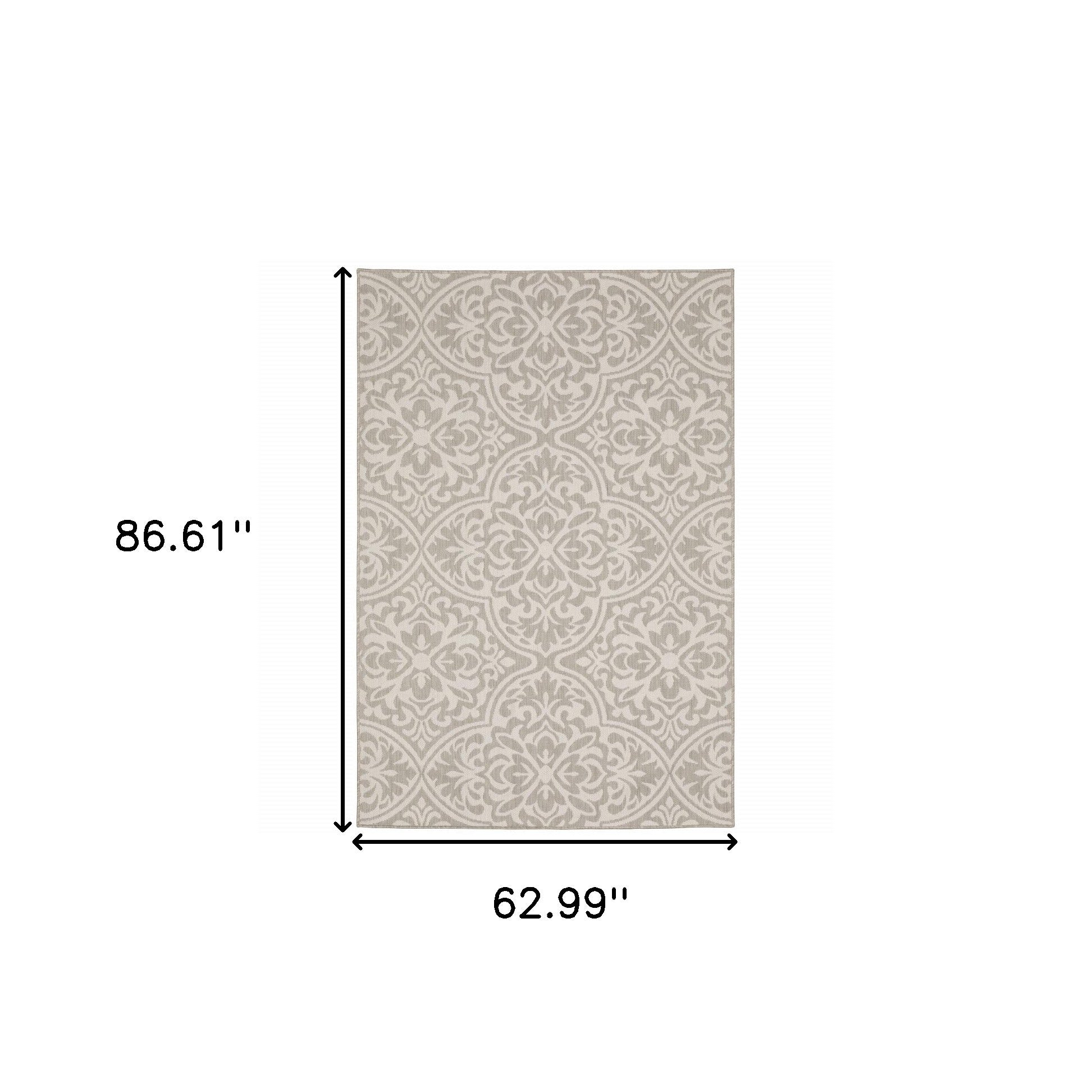 5' x 7' Gray and Ivory Floral Stain Resistant Indoor Outdoor Area Rug