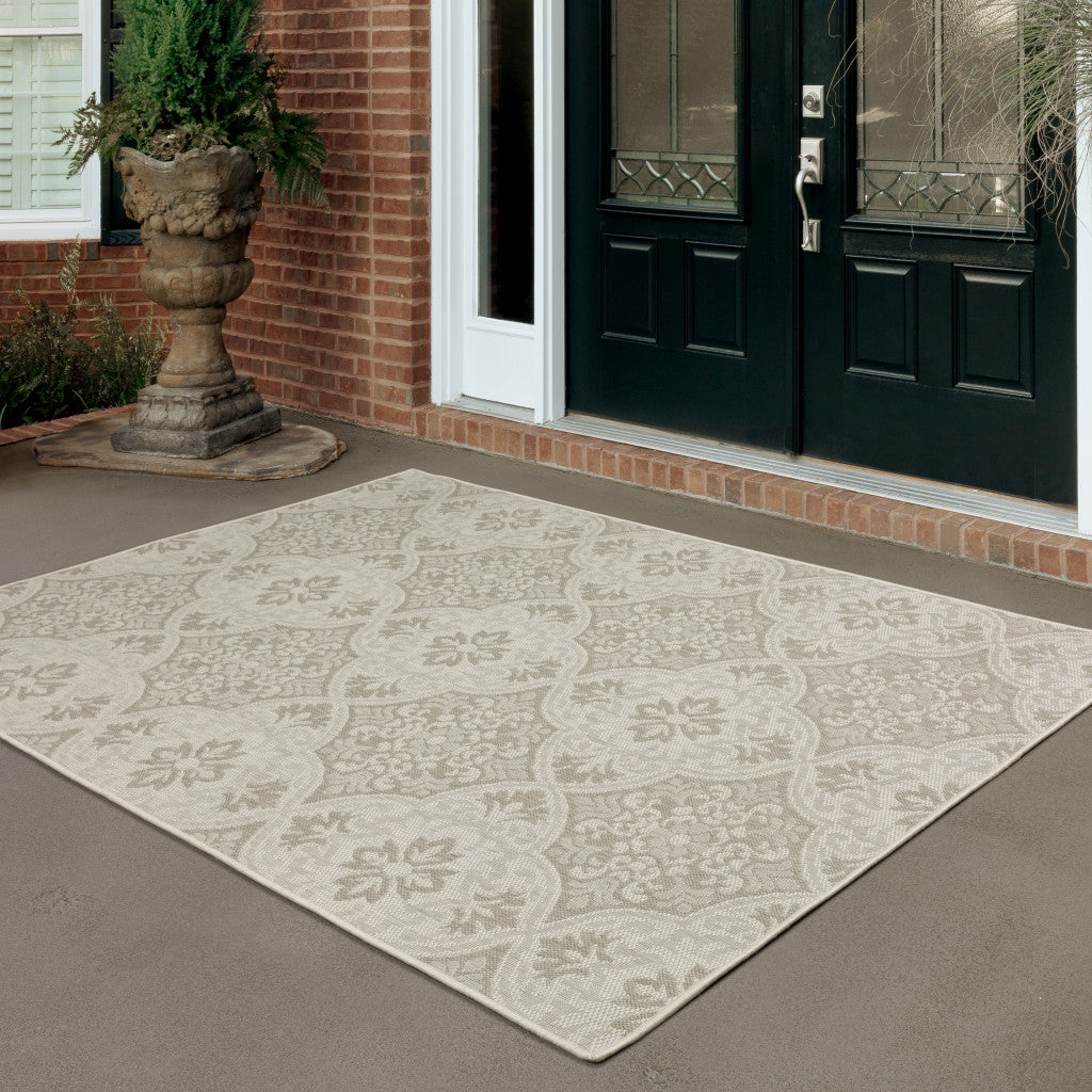 3' X 5' Gray and Ivory Floral Stain Resistant Indoor Outdoor Area Rug