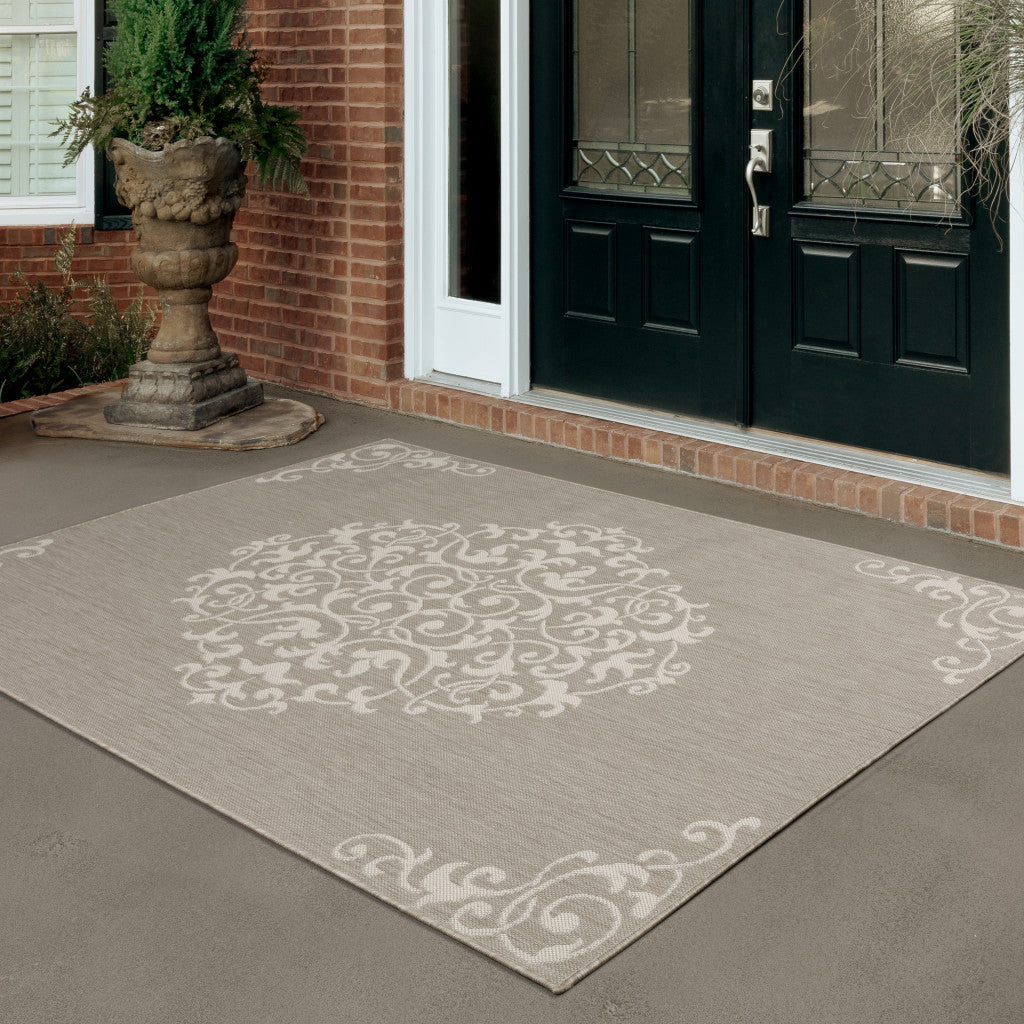 3' X 5' Gray and Ivory Oriental Stain Resistant Indoor Outdoor Area Rug