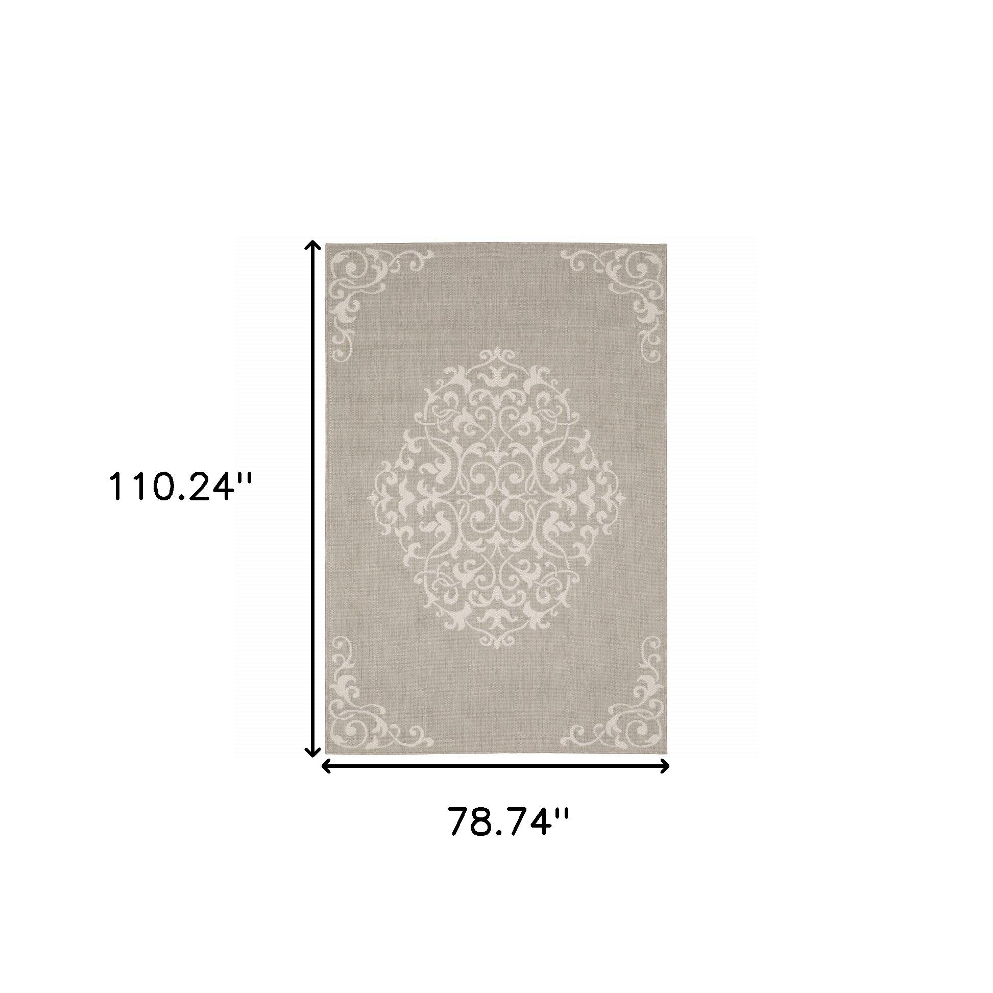 7' x 9' Gray and Ivory Oriental Stain Resistant Indoor Outdoor Area Rug