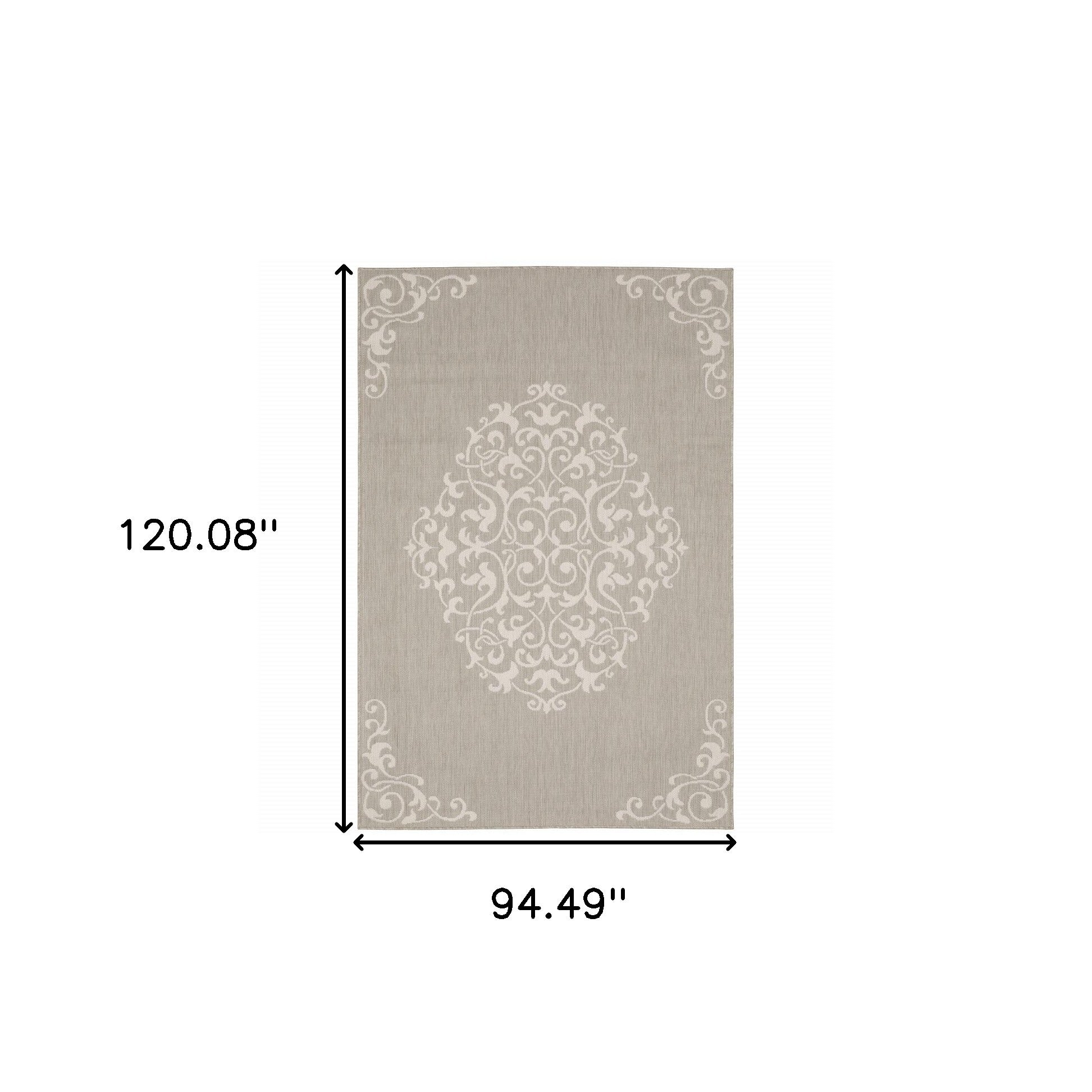 8' x 10' Gray and Ivory Oriental Stain Resistant Indoor Outdoor Area Rug