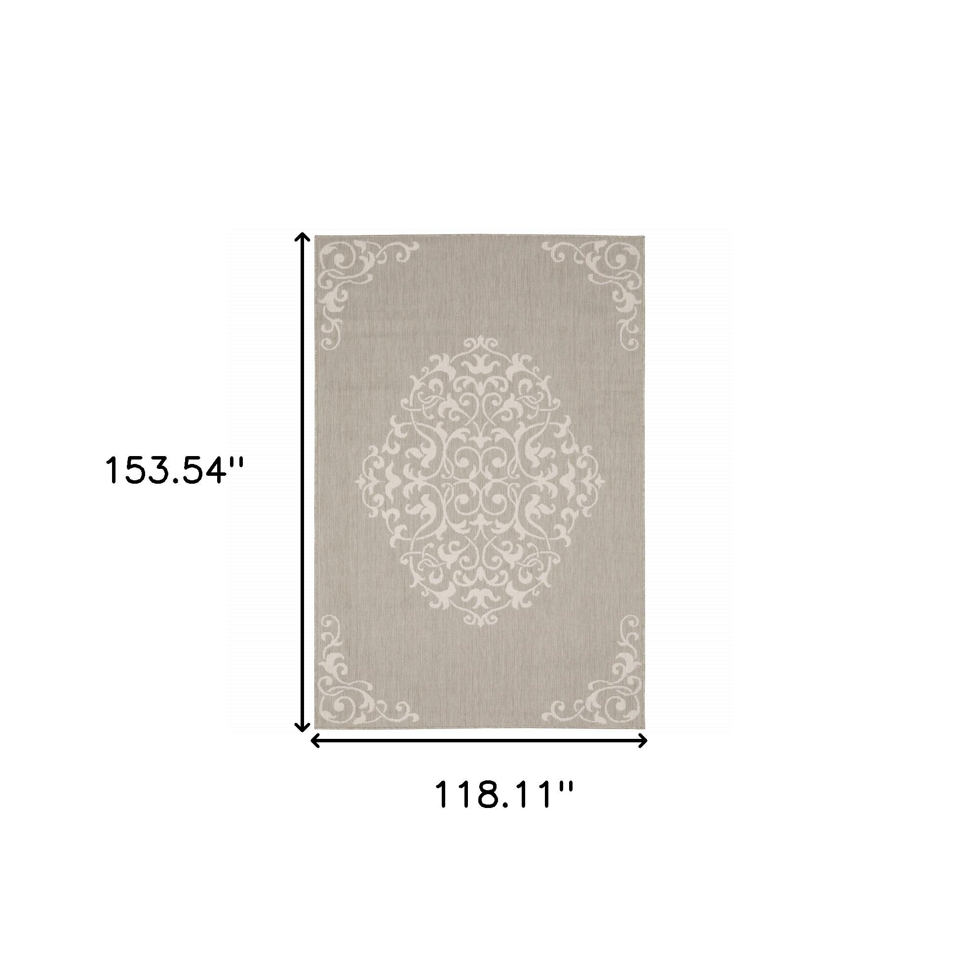 10' x 13' Gray and Ivory Oriental Stain Resistant Indoor Outdoor Area Rug