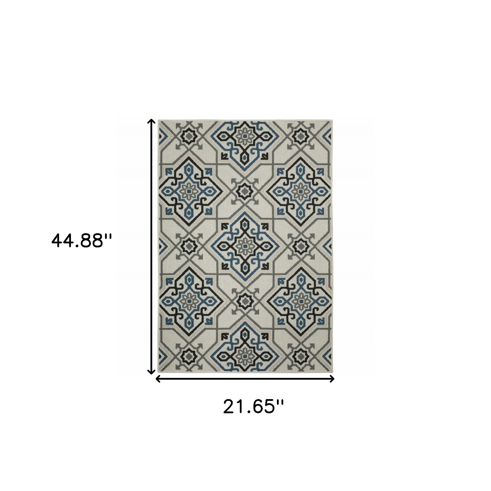 2' X 4' Blue and Beige Oriental Stain Resistant Indoor Outdoor Area Rug