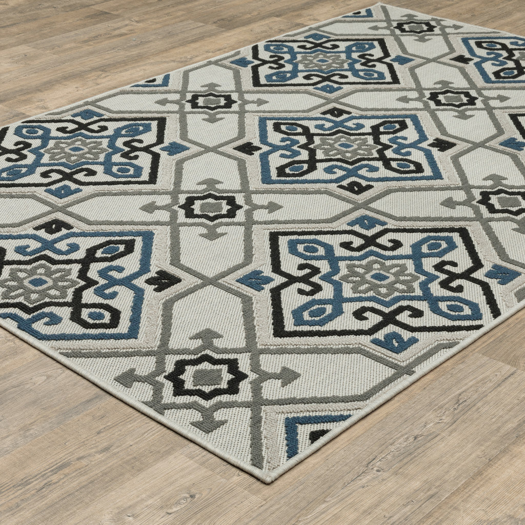 2' X 4' Blue and Beige Oriental Stain Resistant Indoor Outdoor Area Rug