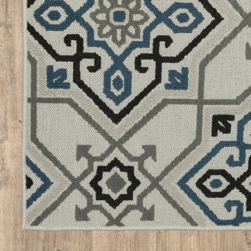 2' X 7' Blue and Beige Oriental Stain Resistant Indoor Outdoor Area Rug