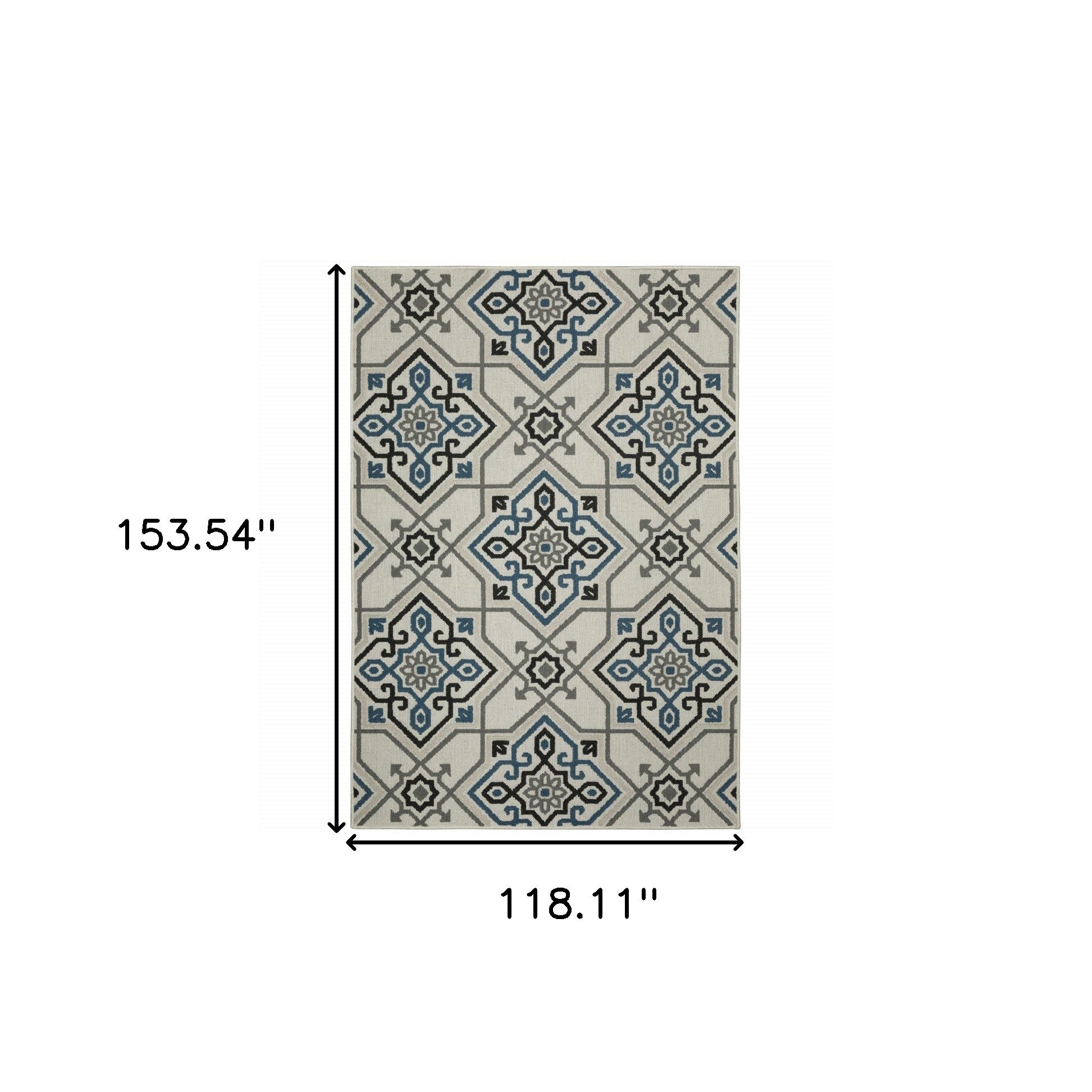 10' x 13' Blue and Beige Oriental Stain Resistant Indoor Outdoor Area Rug