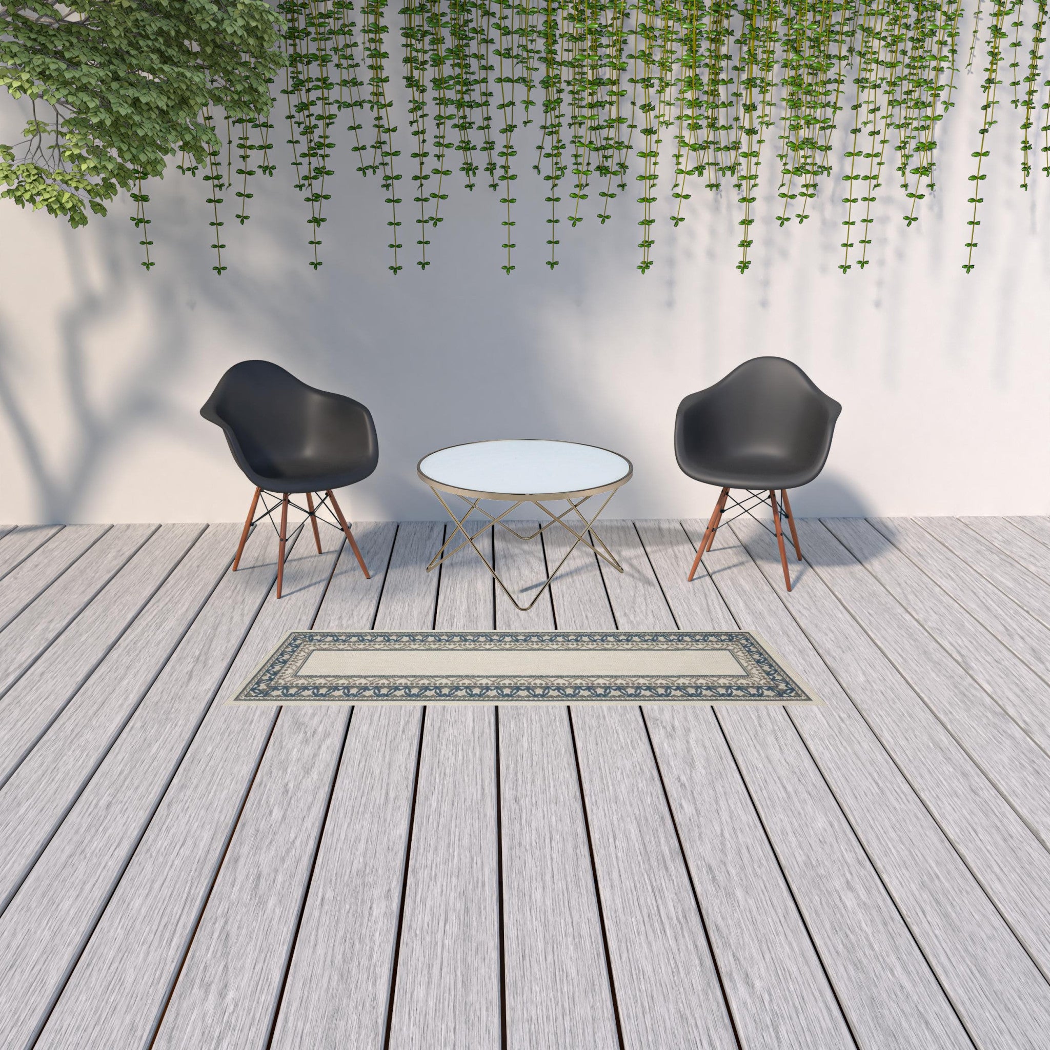 2' X 7' Blue and Beige Stain Resistant Indoor Outdoor Area Rug