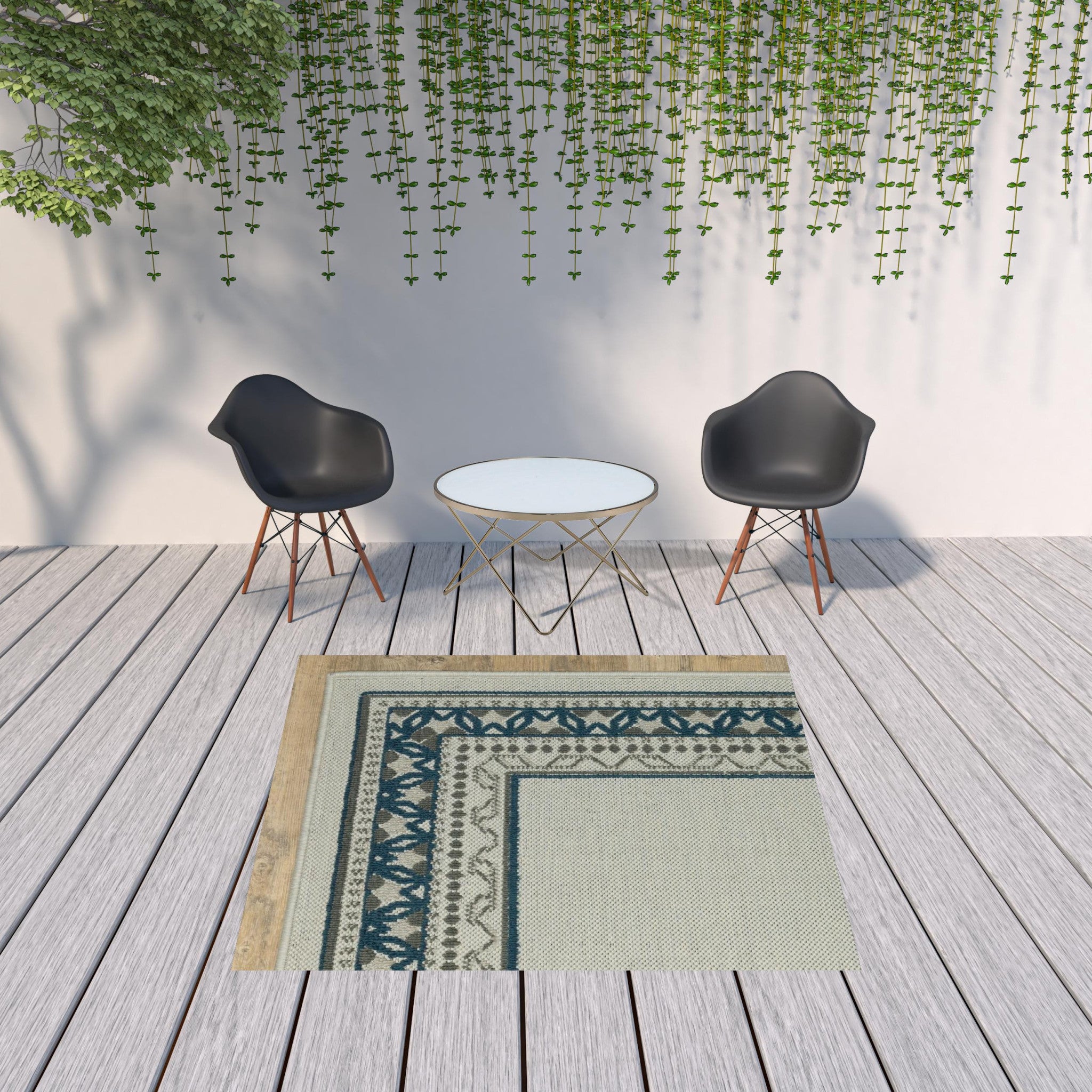 5' x 7' Blue and Beige Stain Resistant Indoor Outdoor Area Rug