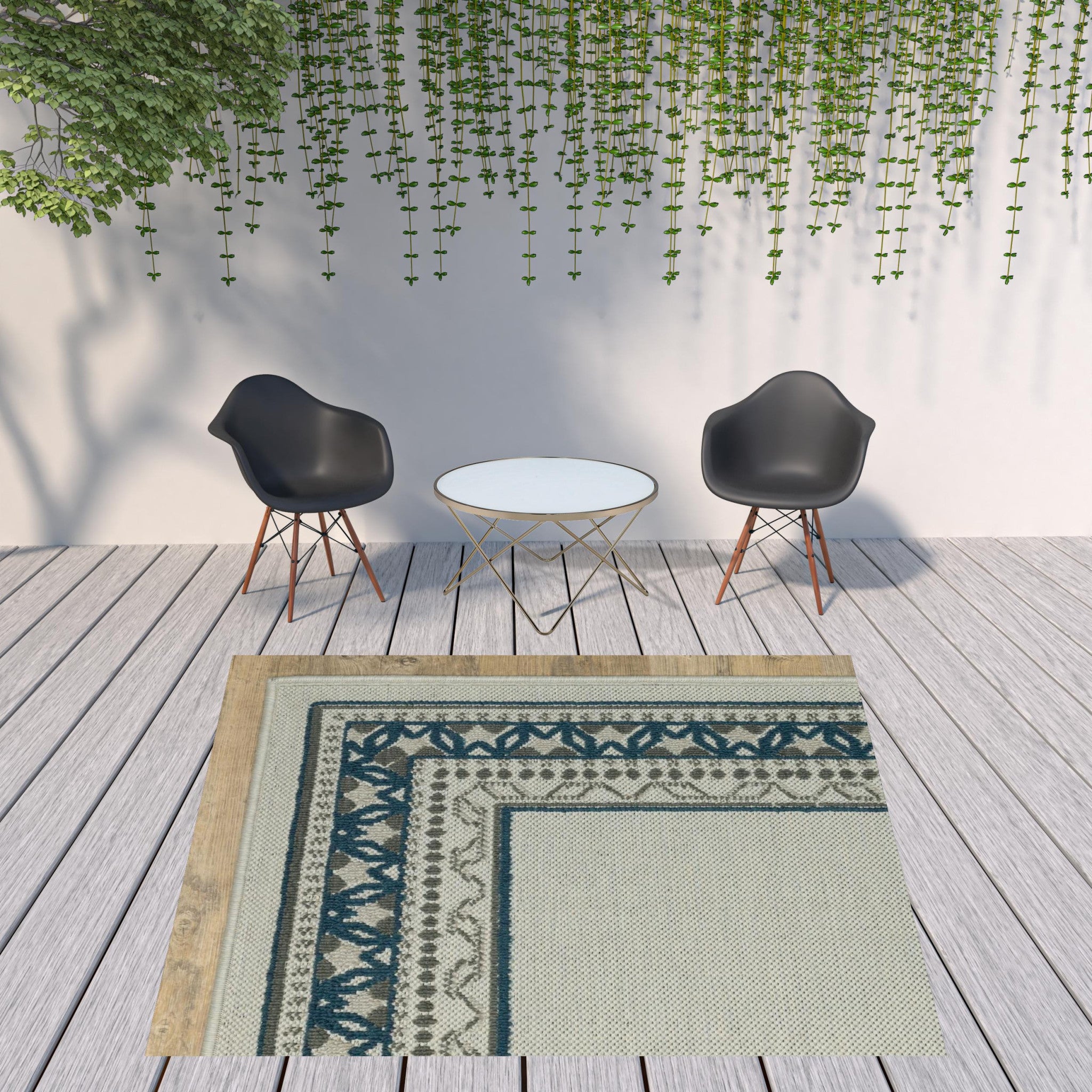 7' x 9' Blue and Beige Stain Resistant Indoor Outdoor Area Rug