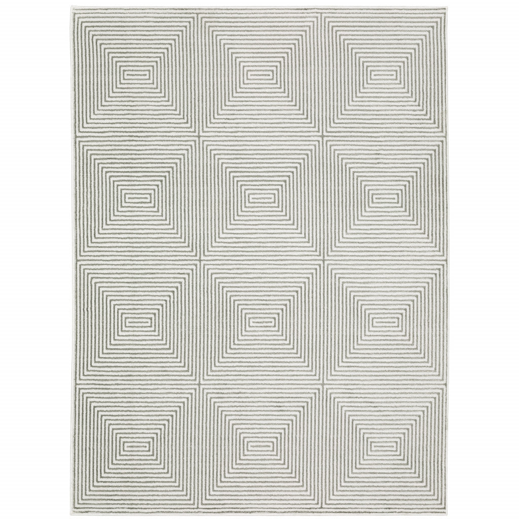 10' X 13' Grey And White Geometric Power Loom Stain Resistant Area Rug