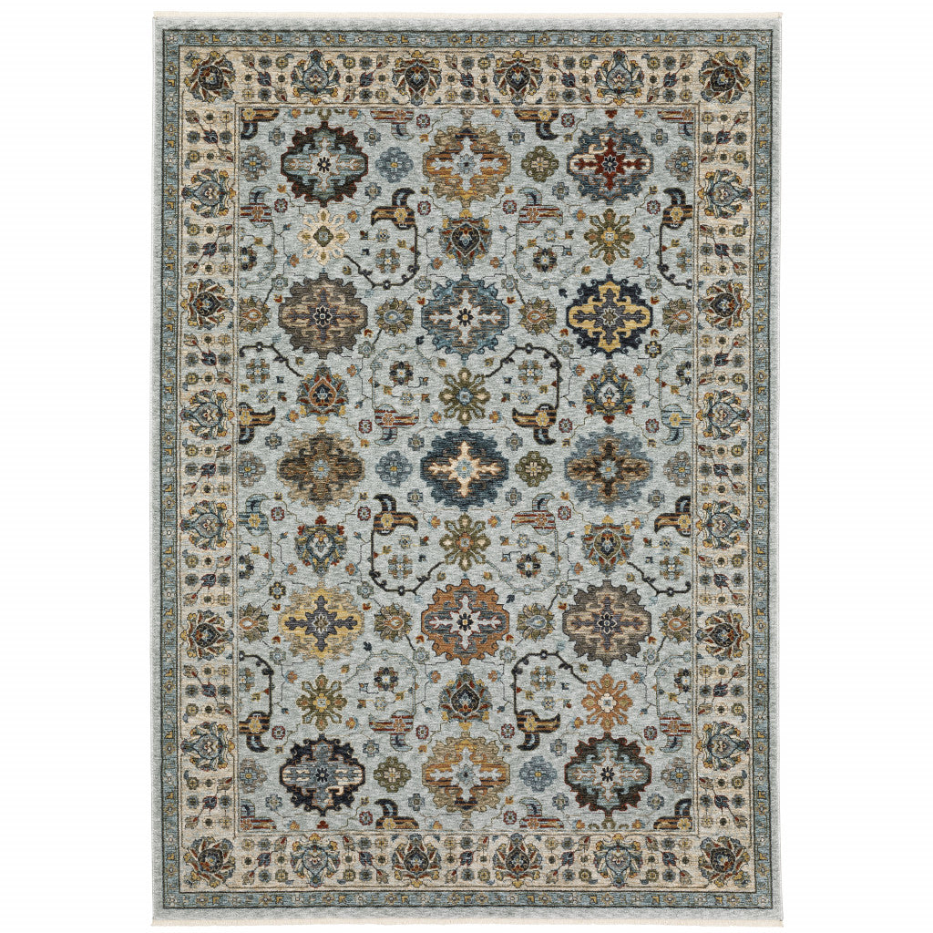 10' X 13' Blue Beige Grey Green Yellow And Rust Oriental Power Loom Stain Resistant Area Rug With Fringe