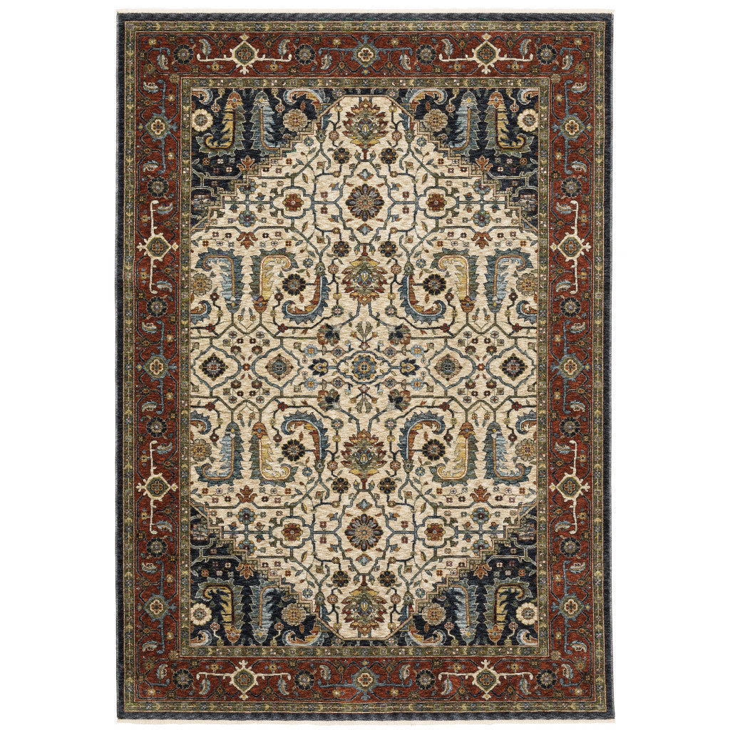 10' X 13' Ivory Beige Red Blue Gold Green And Navy Oriental Power Loom Stain Resistant Area Rug With Fringe