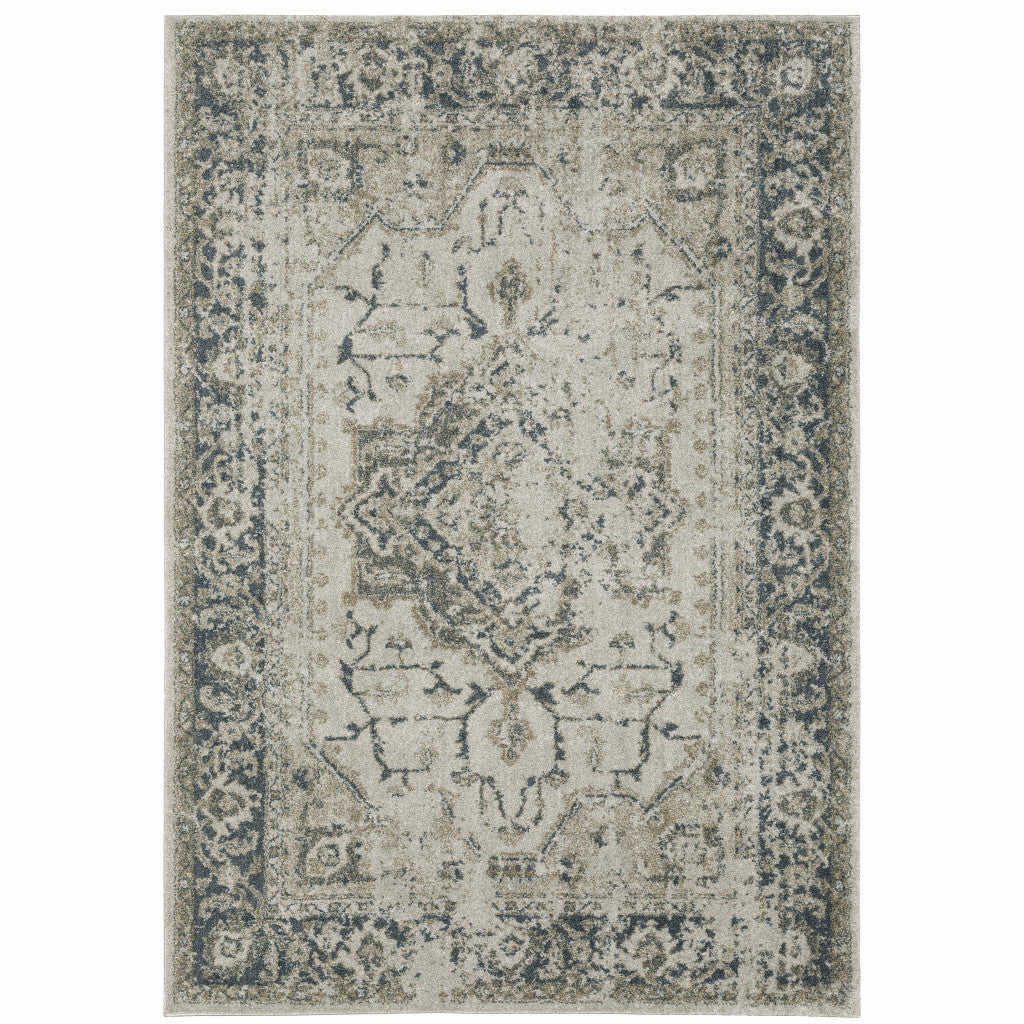 10' X 13' Grey Blue And Teal Oriental Power Loom Stain Resistant Area Rug