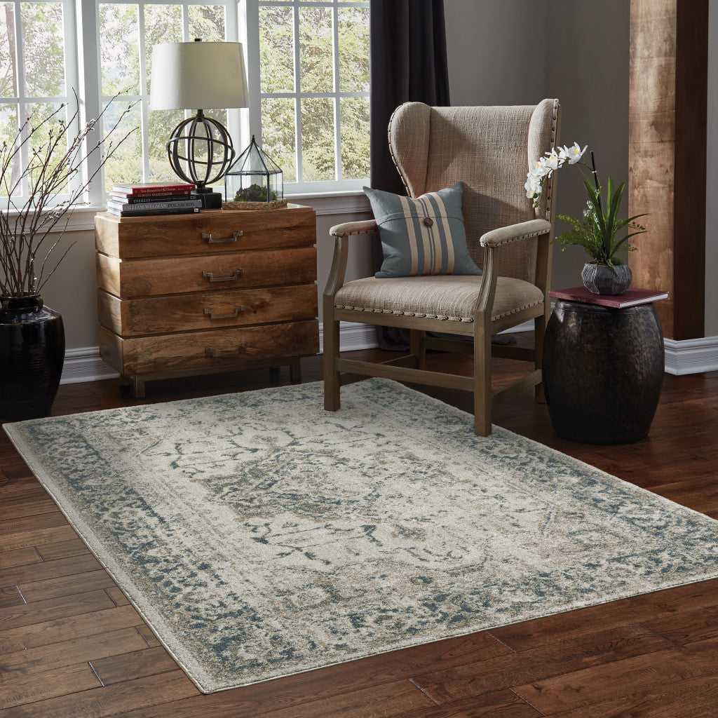 10' X 13' Grey Blue And Teal Oriental Power Loom Stain Resistant Area Rug