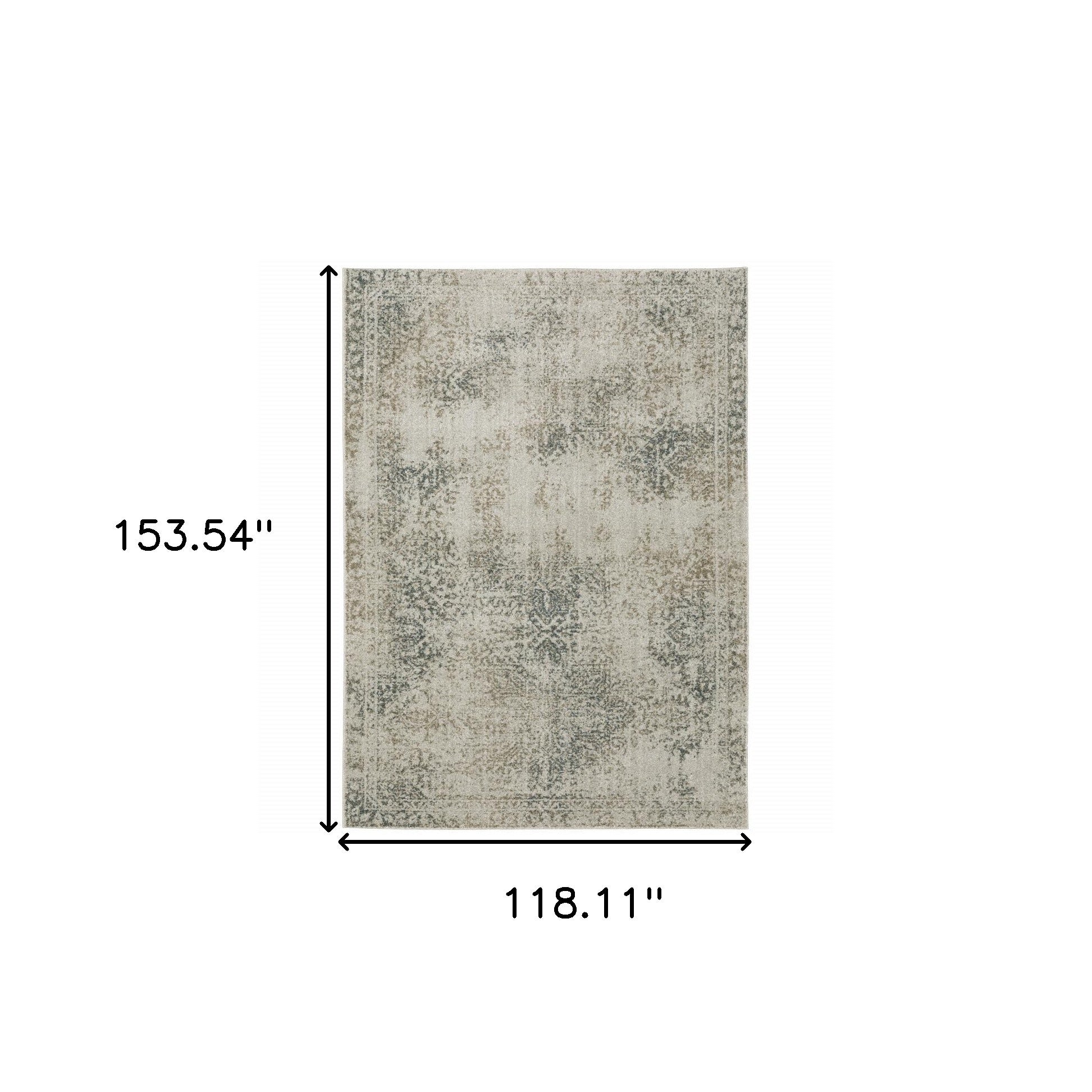 10' X 13' Grey Beige And Teal Oriental Power Loom Stain Resistant Area Rug