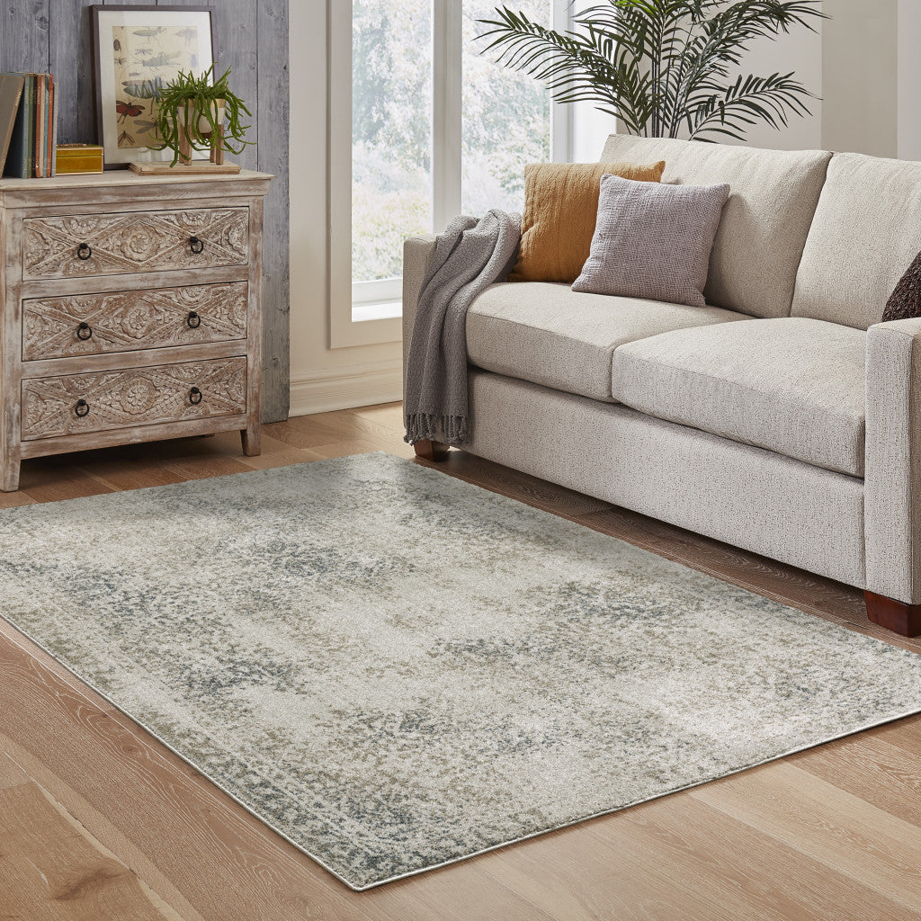 10' X 13' Grey Beige And Teal Oriental Power Loom Stain Resistant Area Rug