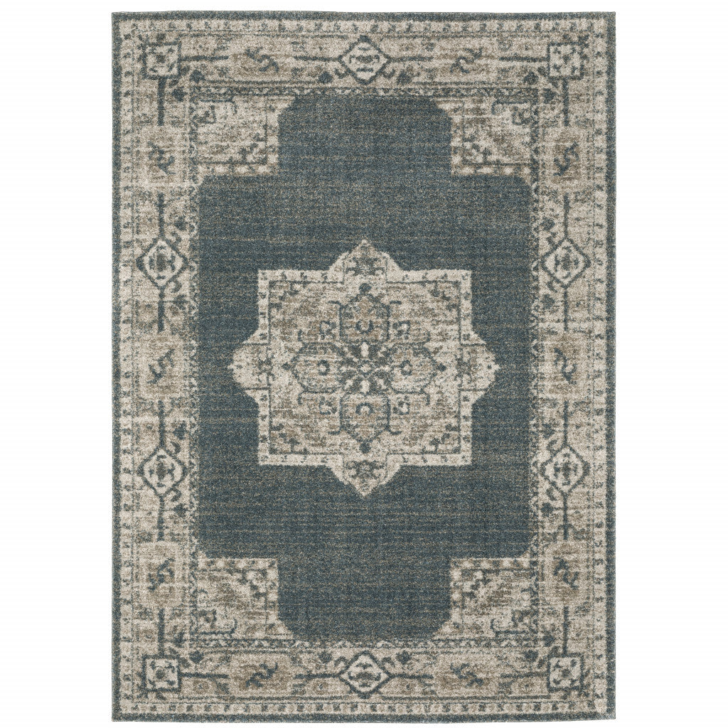 10' X 13' Blue And Beige Oriental Power Loom Stain Resistant Area Rug