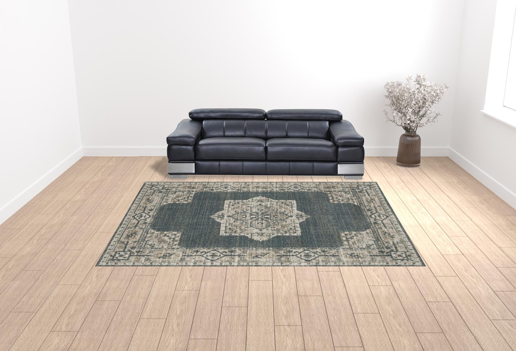 10' X 13' Blue And Beige Oriental Power Loom Stain Resistant Area Rug