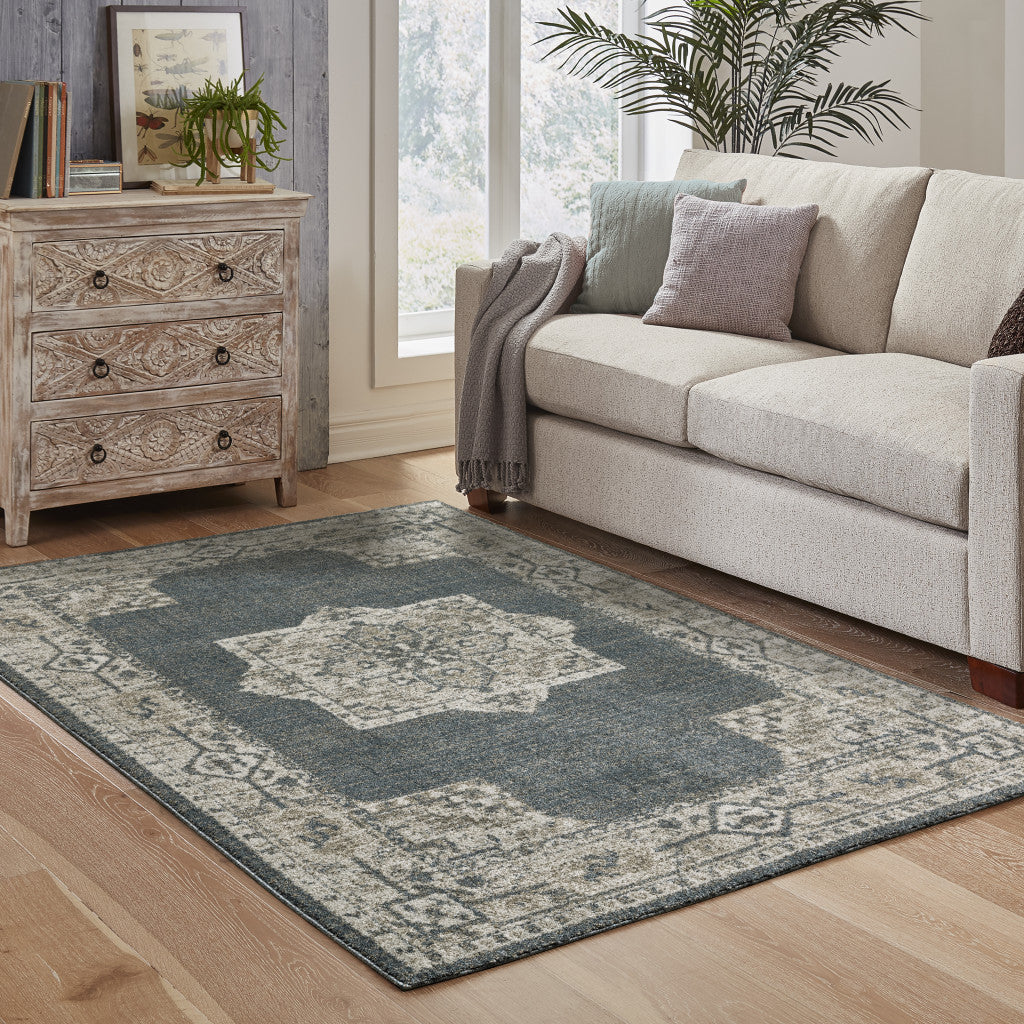 10' X 13' Blue And Beige Oriental Power Loom Stain Resistant Area Rug