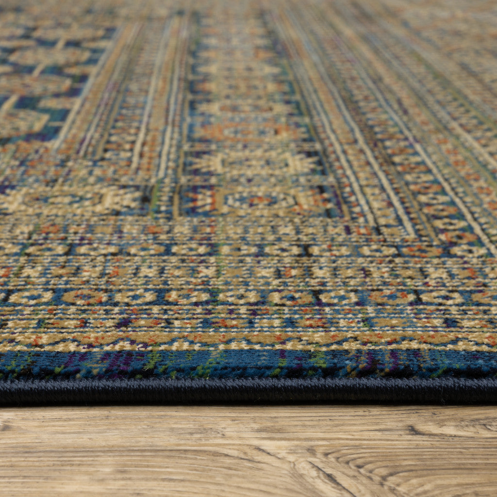 10' X 13' Blue And Gold Oriental Power Loom Stain Resistant Area Rug