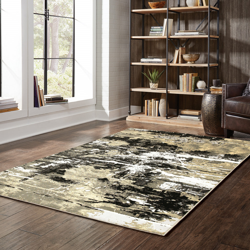 10' X 13' Black Gold Grey And Ivory Abstract Power Loom Stain Resistant Area Rug