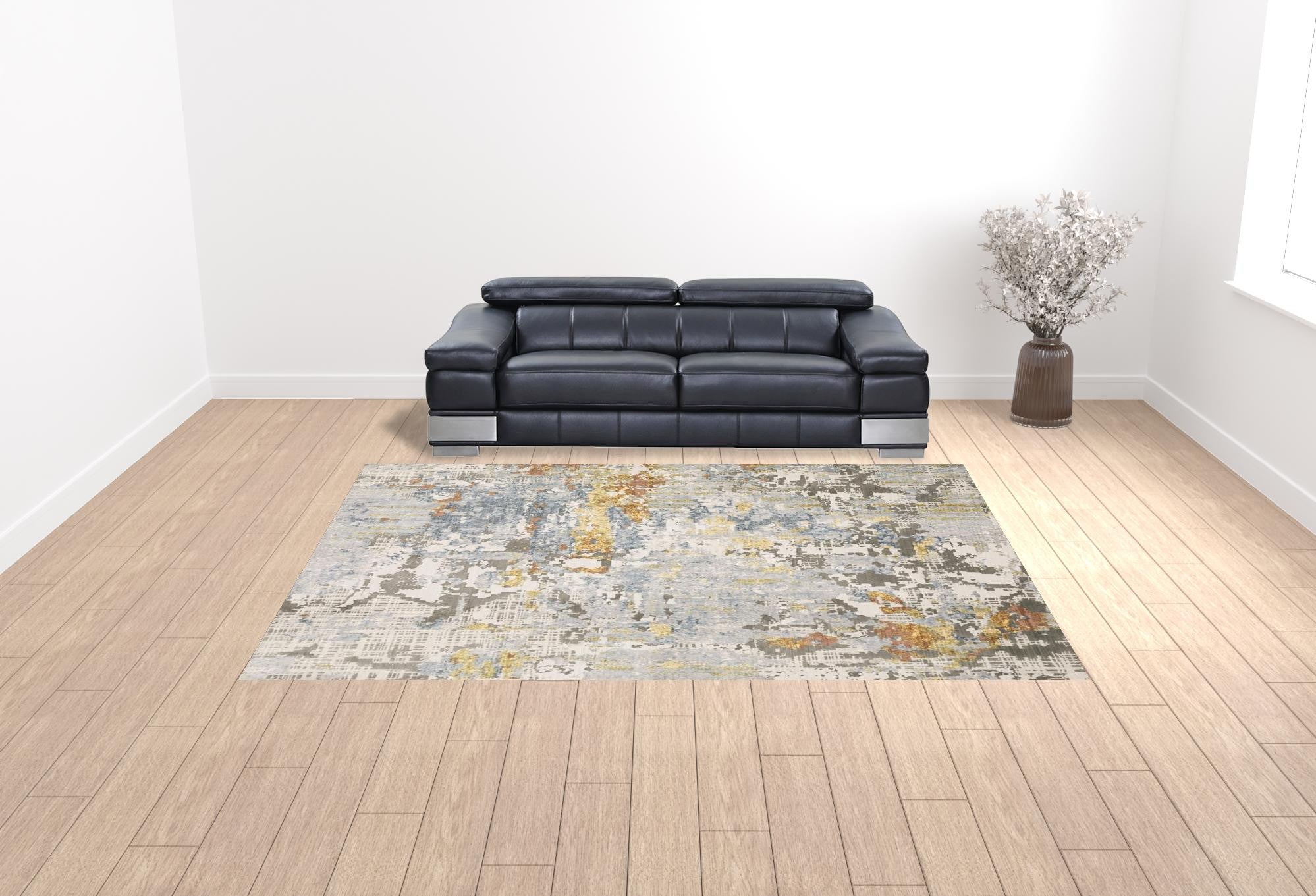 10' X 13' Grey Blue Beige Gold And Rust Abstract Power Loom Stain Resistant Area Rug