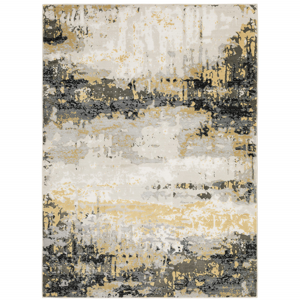 10' X 13' Grey Gold Beige Black And Brown Abstract Power Loom Stain Resistant Area Rug