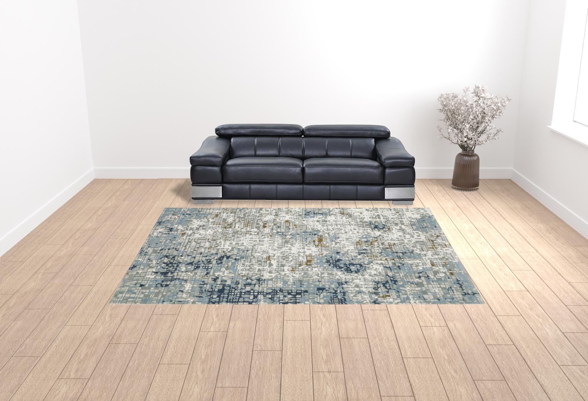 10' X 13' Blue Ivory Grey Brown Beige And Light Blue Abstract Power Loom Stain Resistant Area Rug