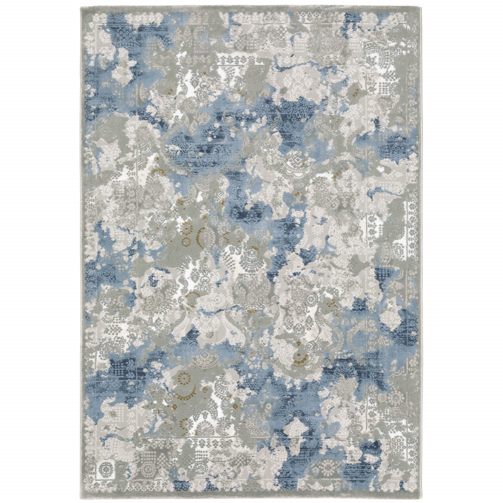 10' X 13' Grey Blue Ivory Navy Beige And Brown Abstract Power Loom Stain Resistant Area Rug