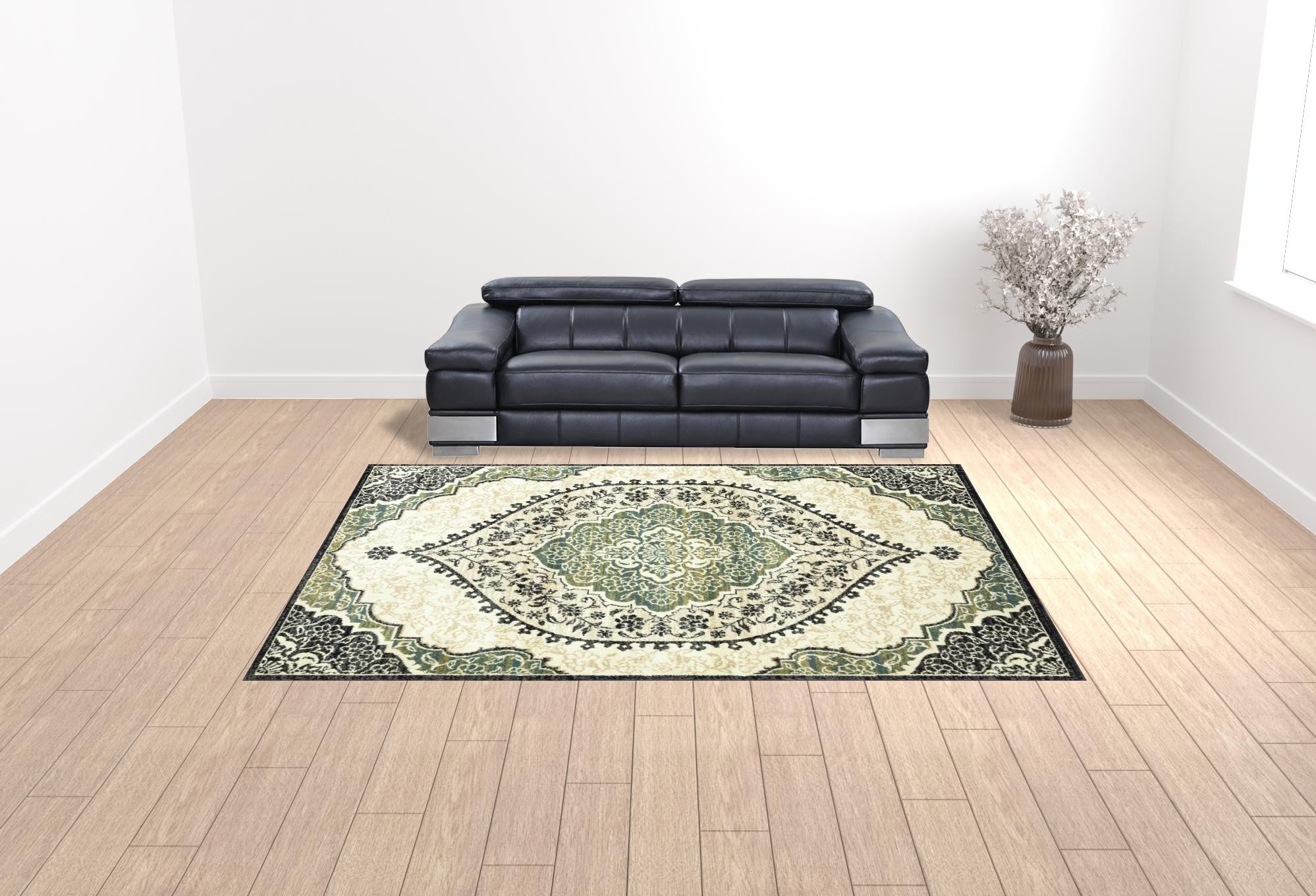 10' X 13' Ivory Navy And Green Oriental Power Loom Stain Resistant Area Rug