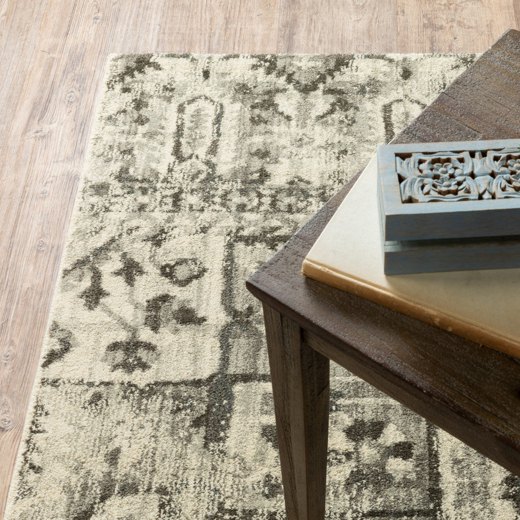 10' X 13' Grey Ivory And Brown Oriental Power Loom Stain Resistant Area Rug