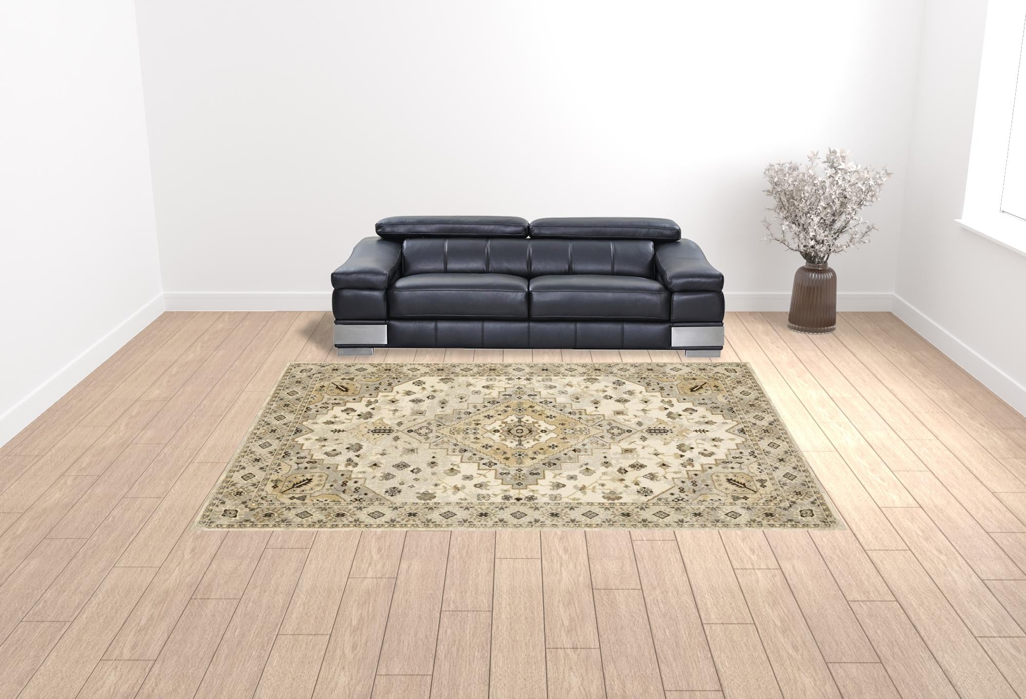 10' X 13' Beige Grey Tan And Brown Oriental Power Loom Stain Resistant Area Rug