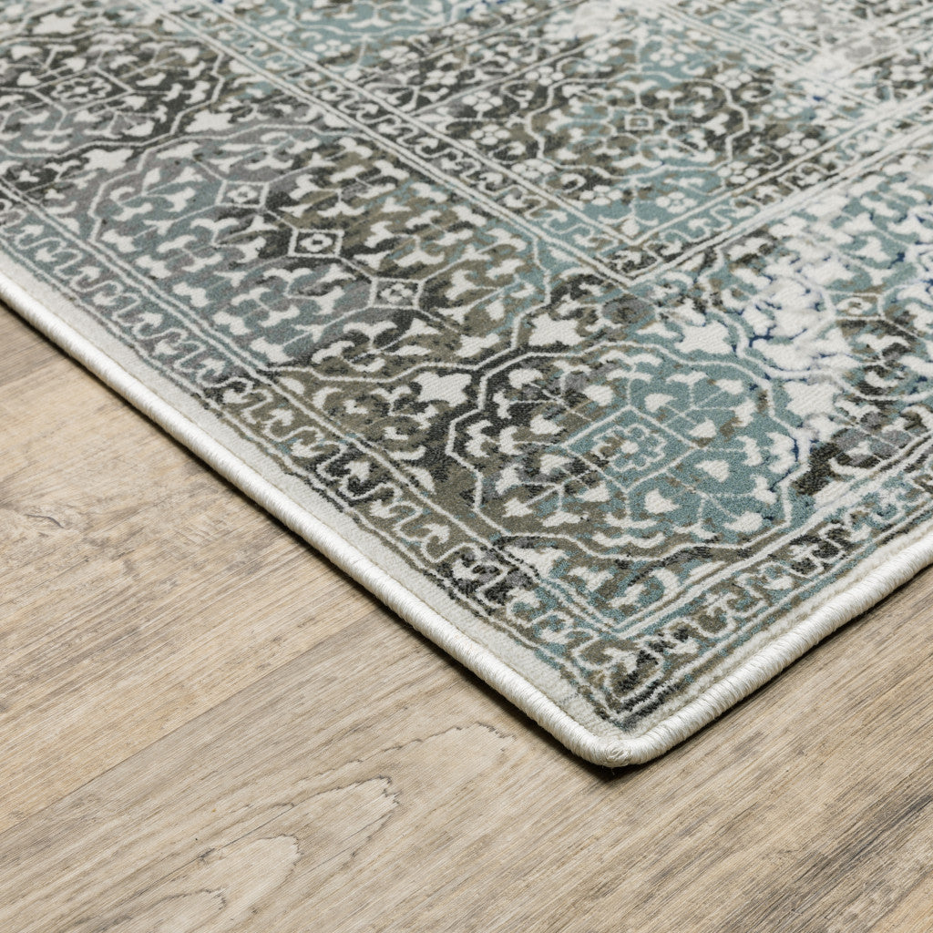 10' X 13' Ivory Grey Charcoal Blue And Rust Oriental Power Loom Stain Resistant Area Rug