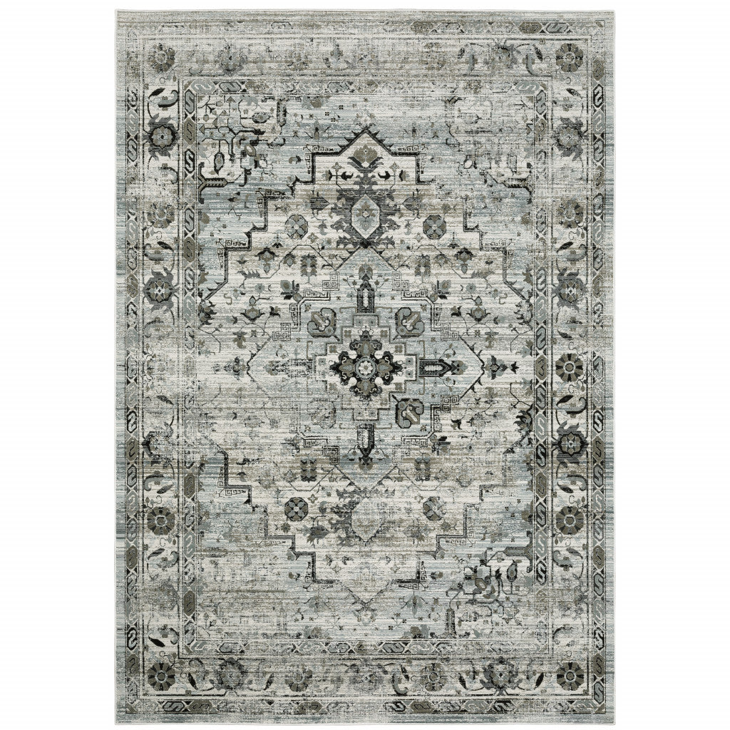 10' X 13' Ivory Grey Charcoal Blue And Taupe Oriental Power Loom Stain Resistant Area Rug