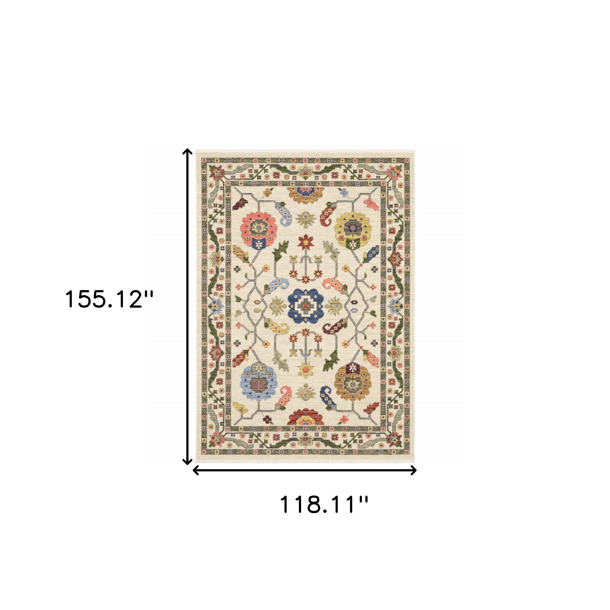 10' X 13' Ivory Green Blues Pink Yellow Rust Brown Tan And Grey Oriental Power Loom Stain Resistant Area Rug With Fringe